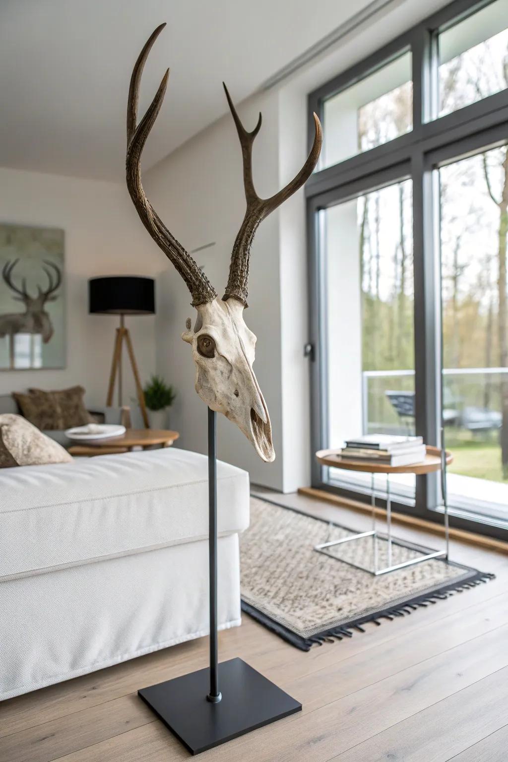 A minimalist metallic pedestal delivers a refined display for your deer skull.