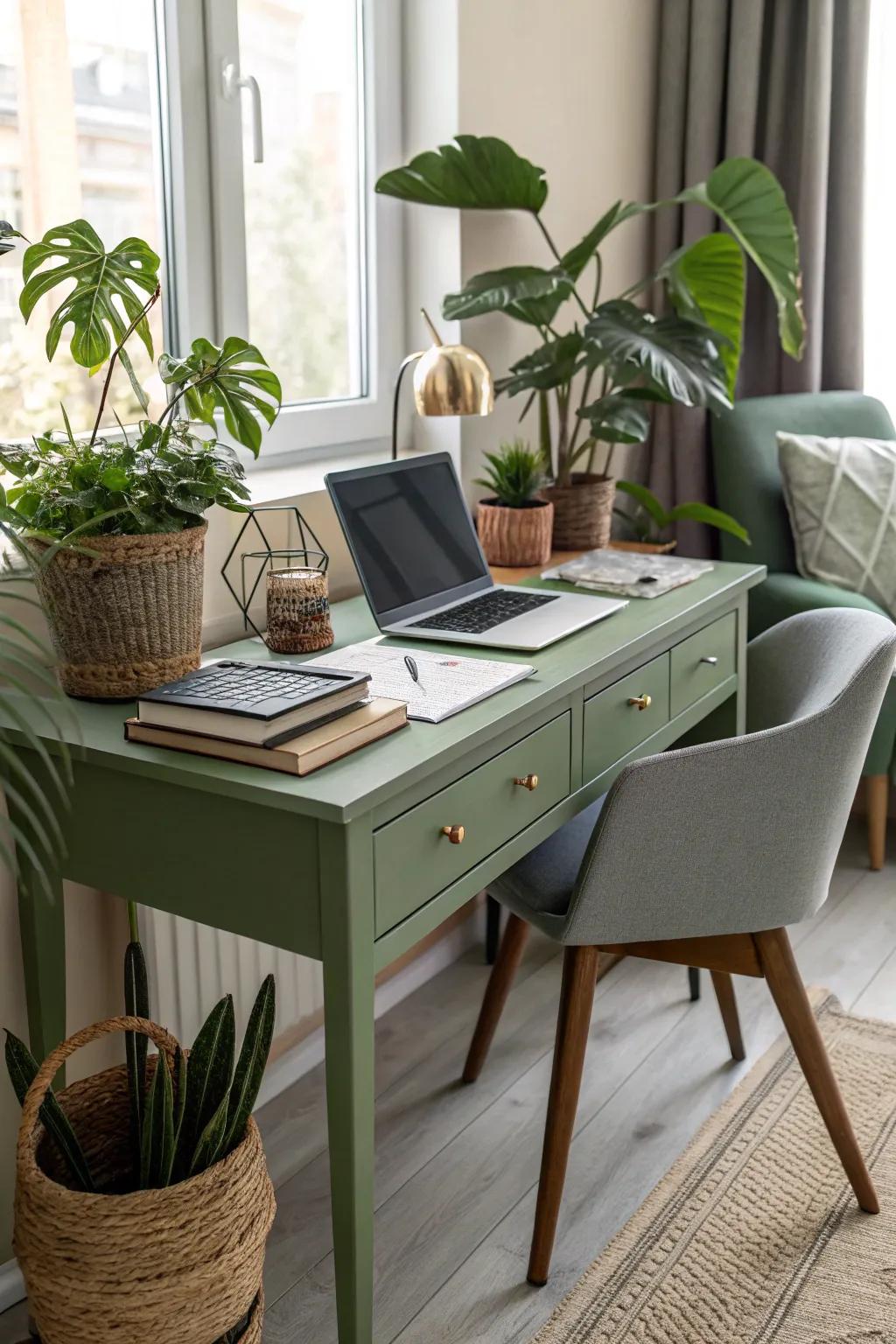 Calming green desks promote creativity and focus.