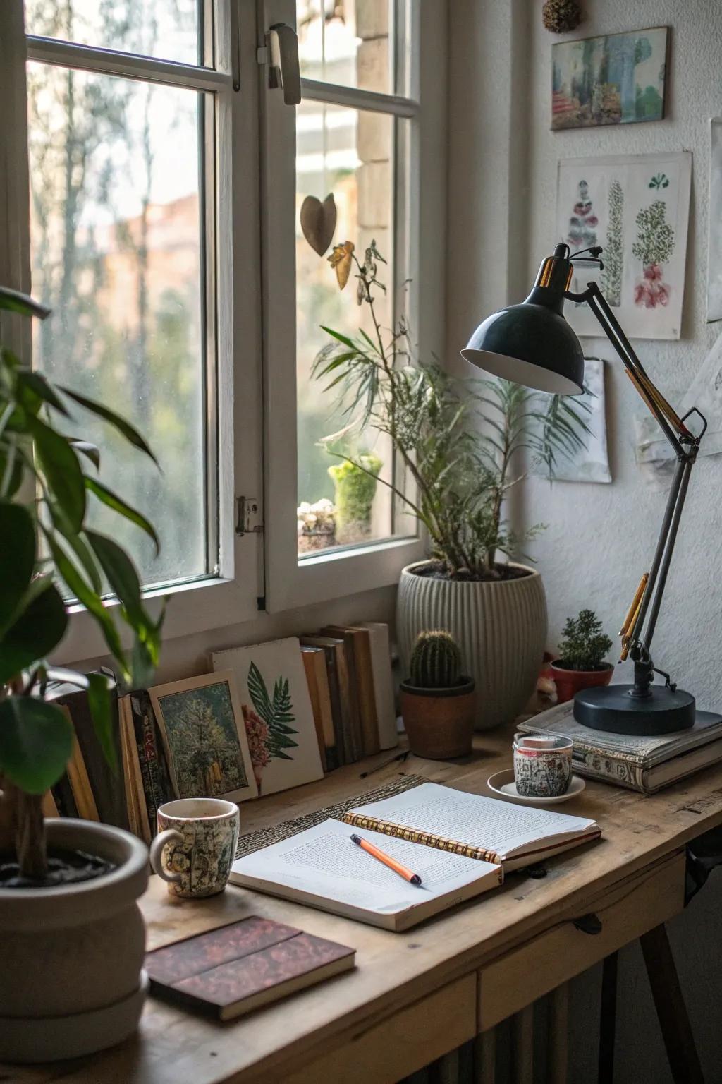 Tasteful decorative elements add a personal touch to the workspace.