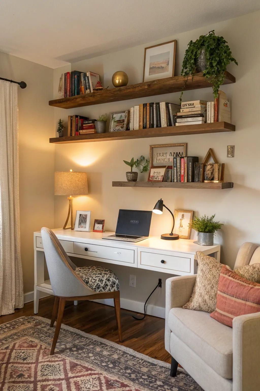 Elevated shelves offer stylish organizing solutions for living room workspaces.