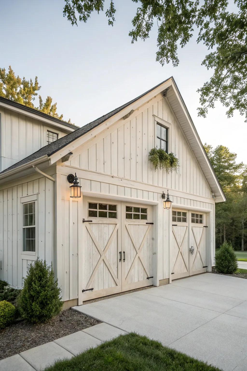 Farmhouse charm blended with modern elements for your detached garage.