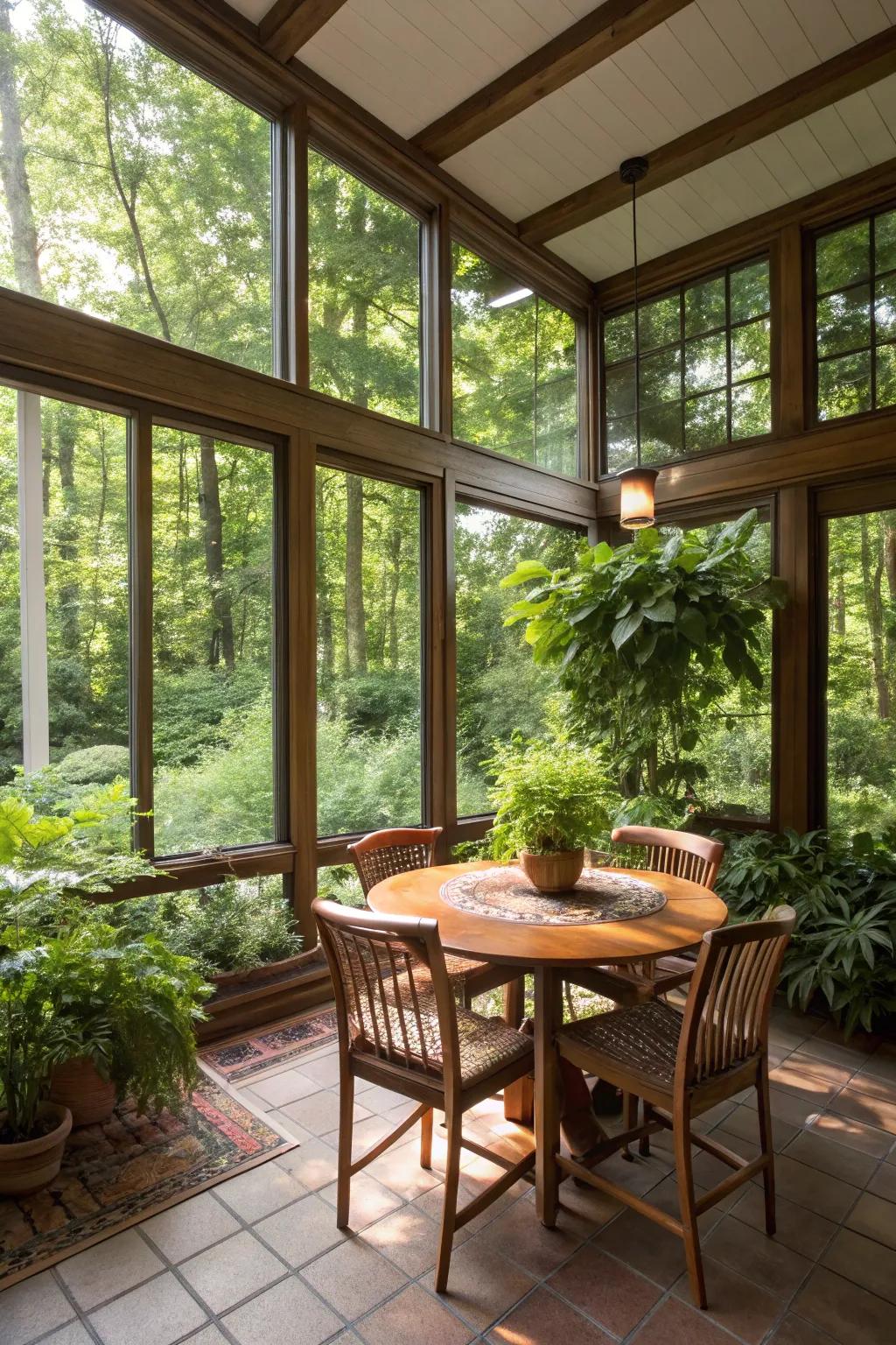 A sunroom delivers a tranquil backdrop for dining.