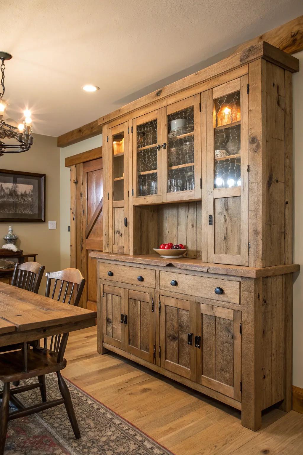 Rustic farmhouse cabinets bring warmth and character to the dining area.