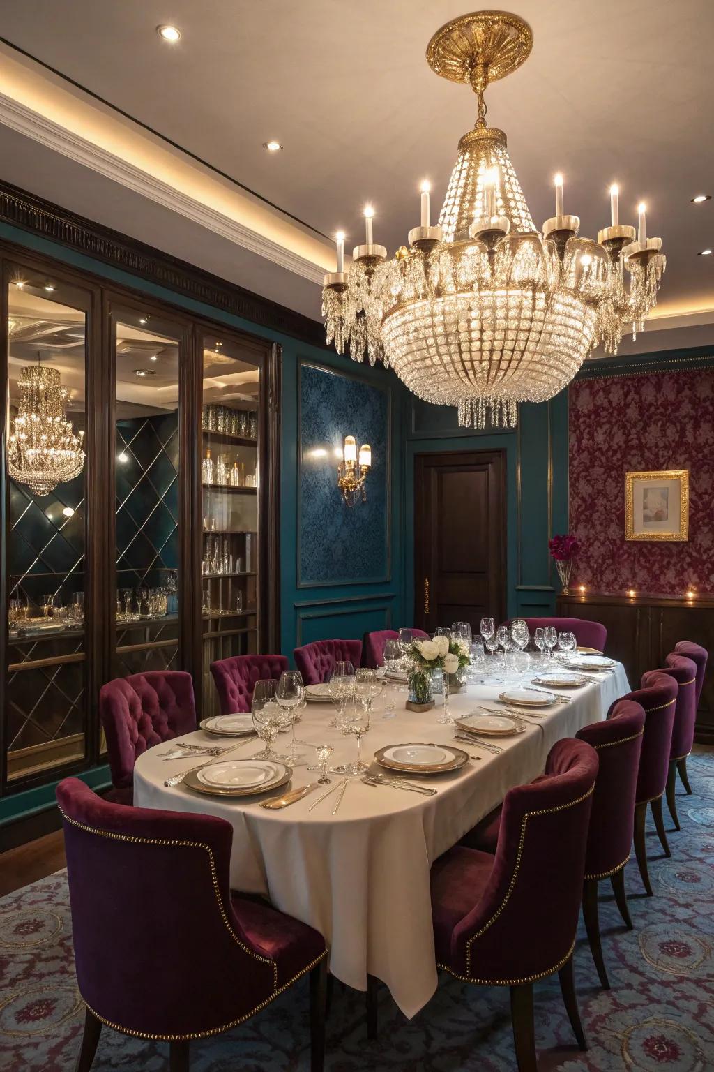 A grand dining room accentuated by rich gemstone shades.