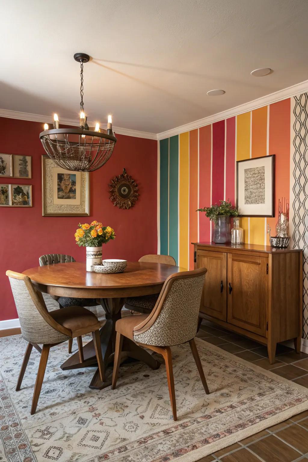 A striking focal wall imparts drama and panache to the dining room.