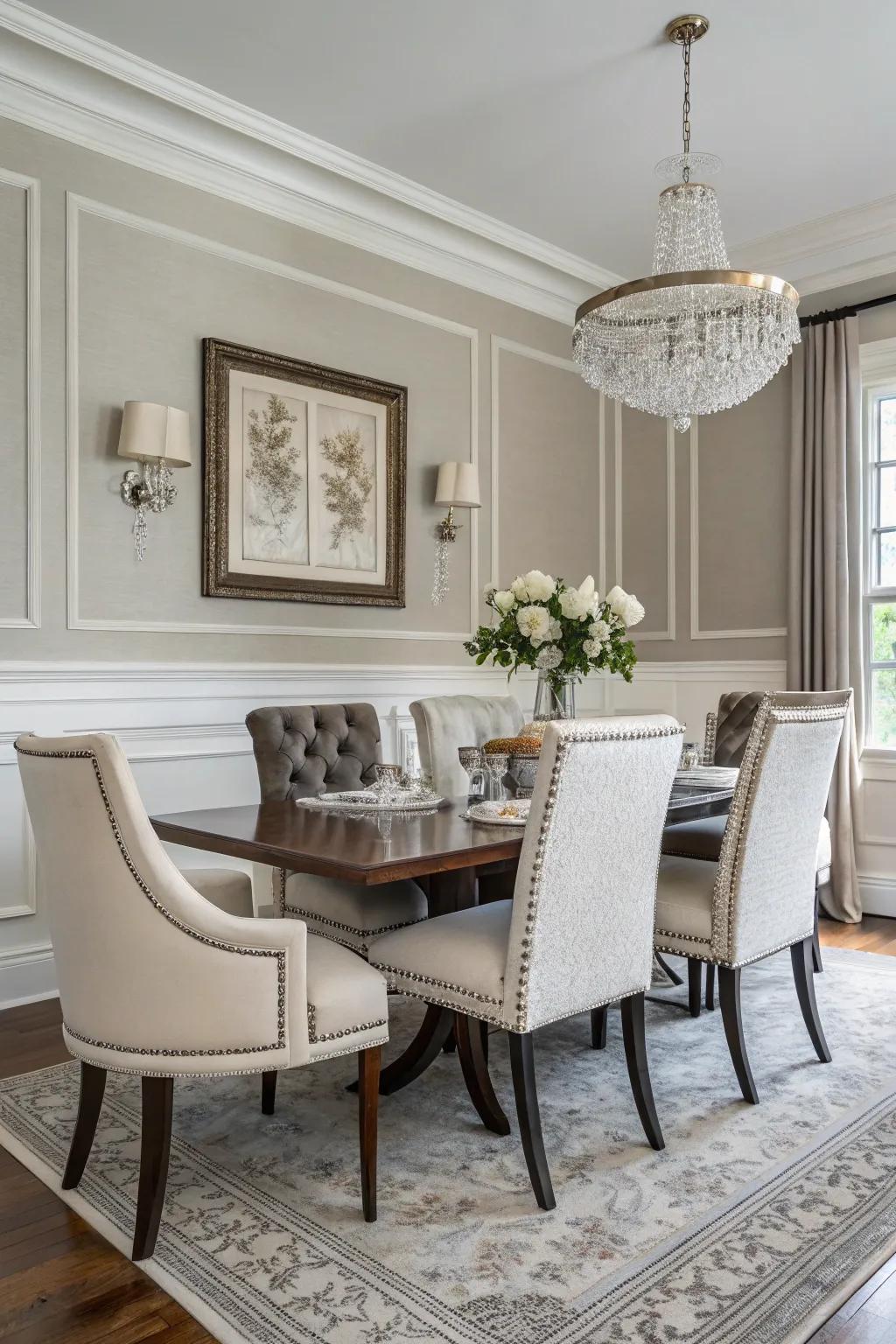 A monochromatic design beautifully emphasizes the chair rail's presence.