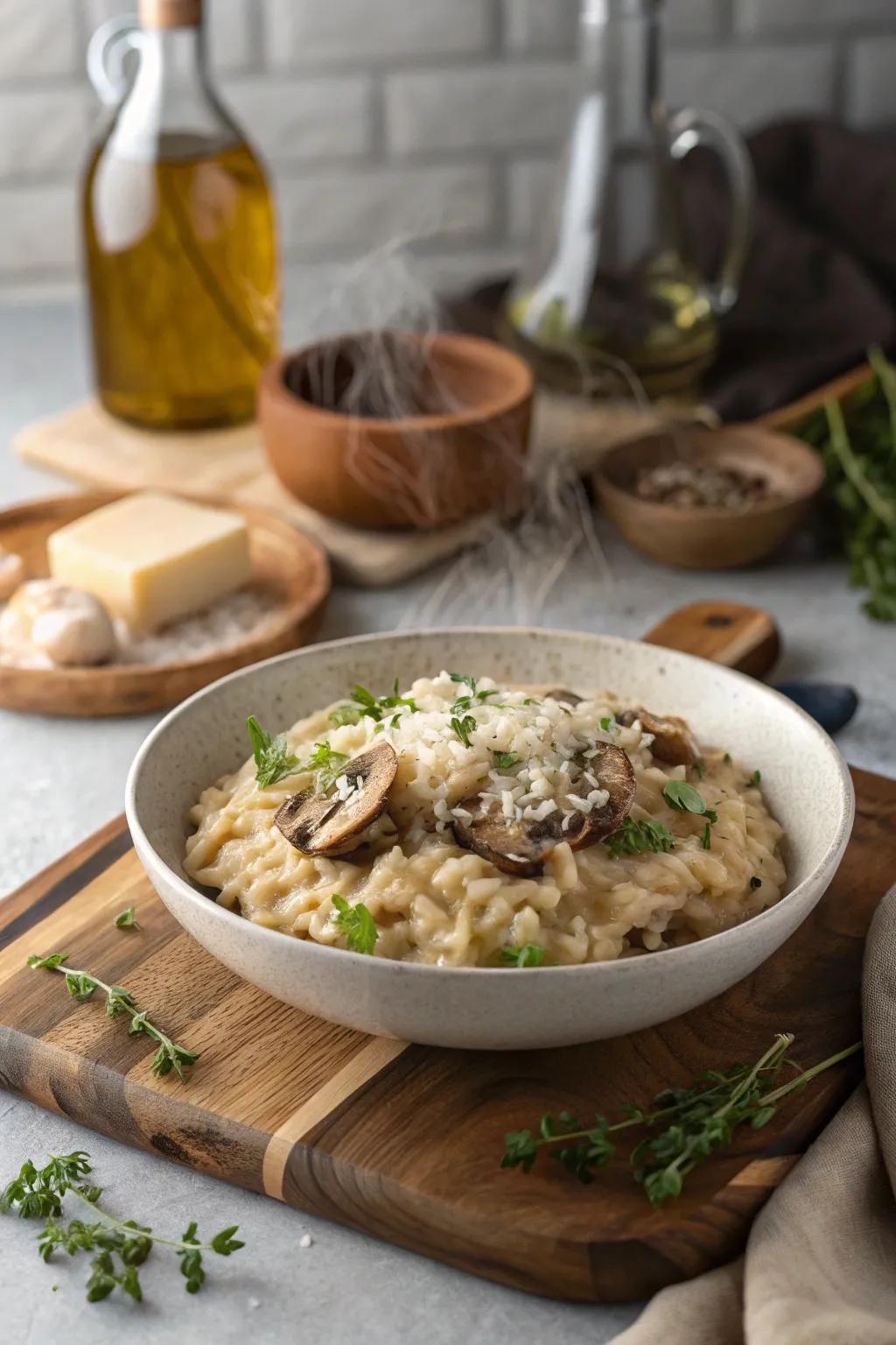 A serving of creamy mushroom risotto adorned with Parmesan.