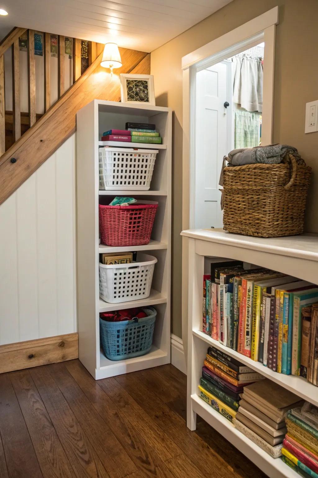 A bookshelf becomes an attractive assembly spot featuring customized crates.