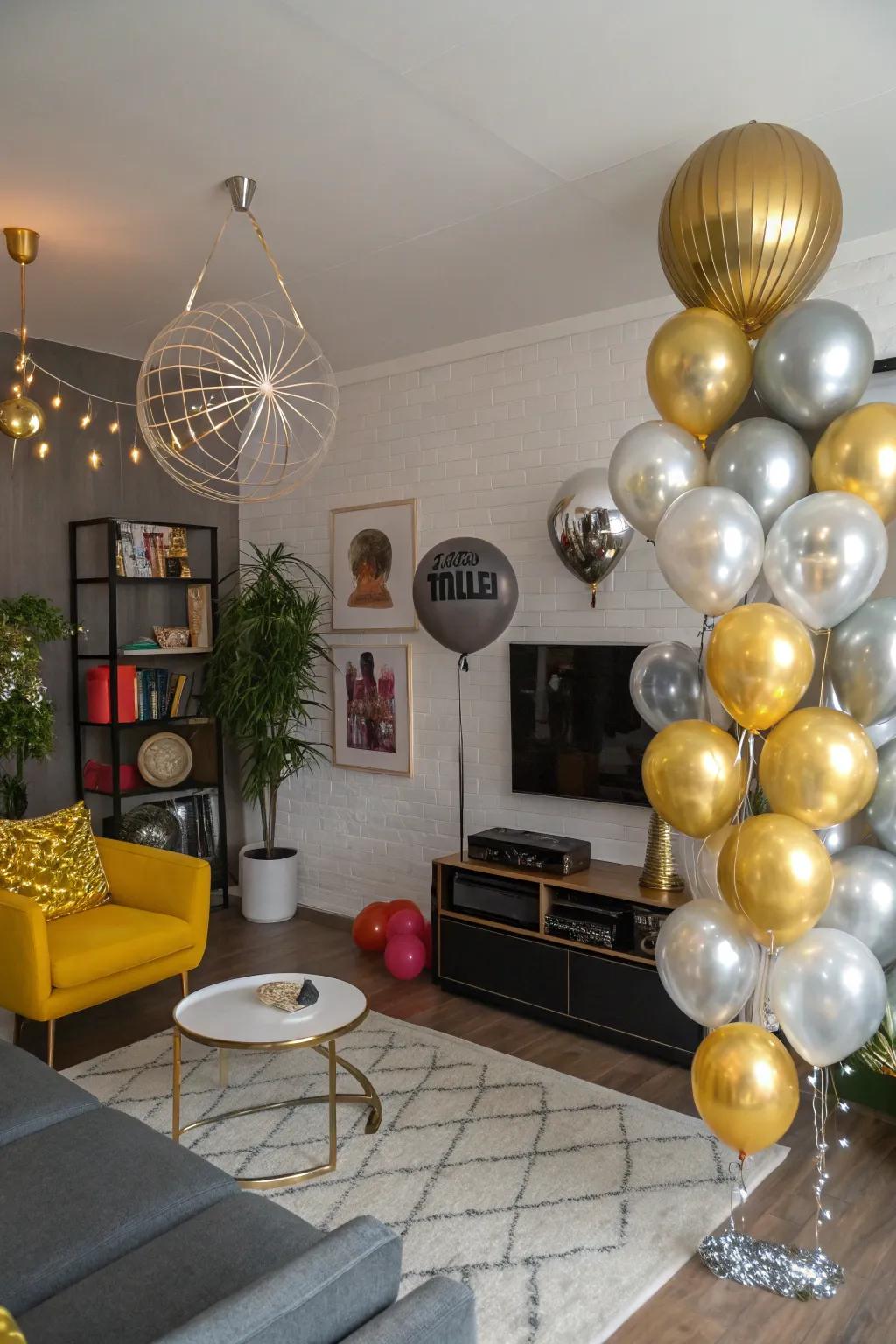 Metallic inflatable orbs introduce a festive touch to a disco party arrangement.