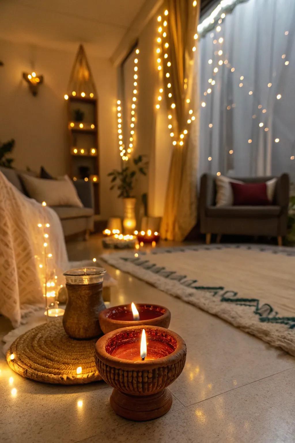 Integrating oil lamps and string lights for a captivating glow.