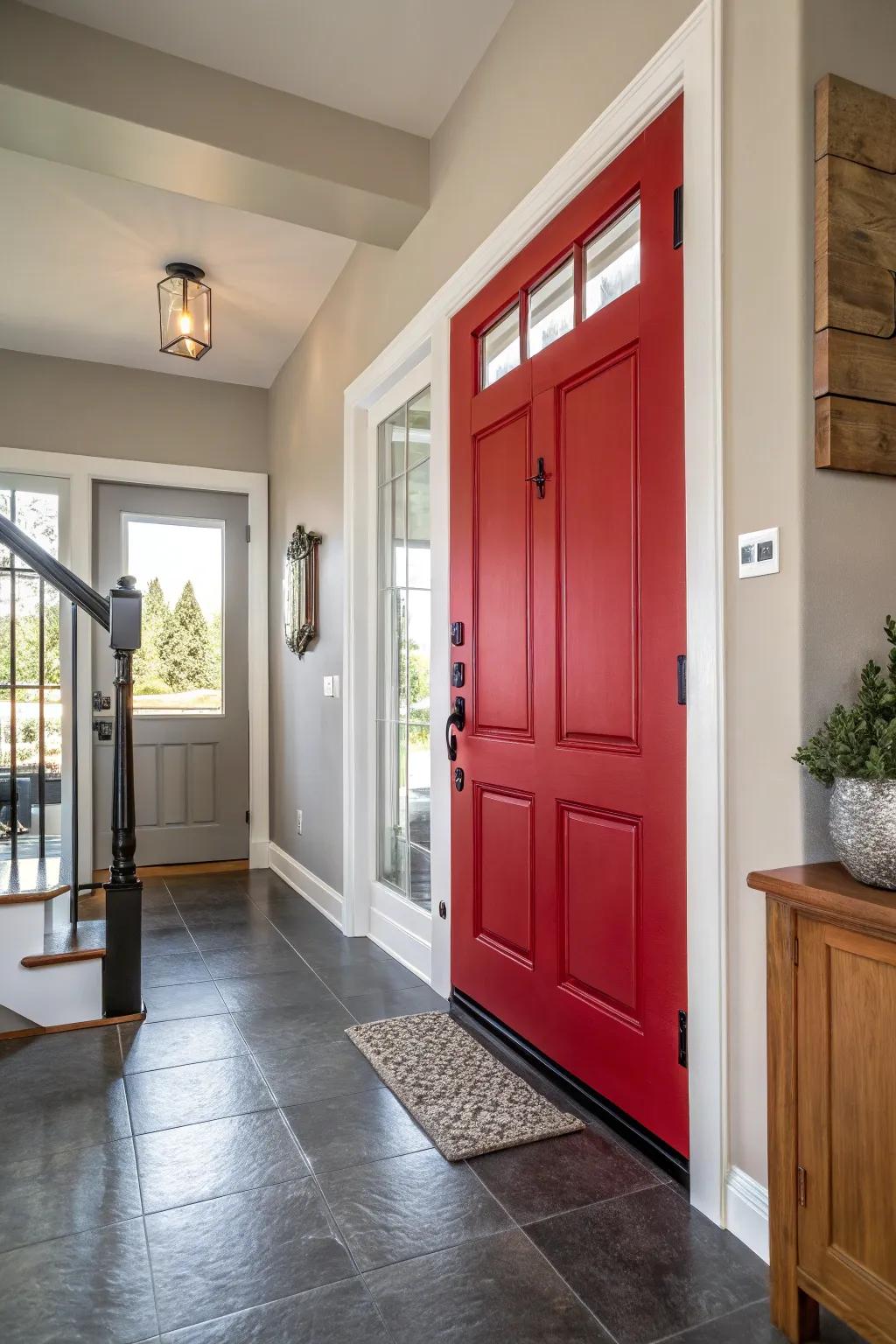 A striking scarlet door imparts a dynamic burst to any area.