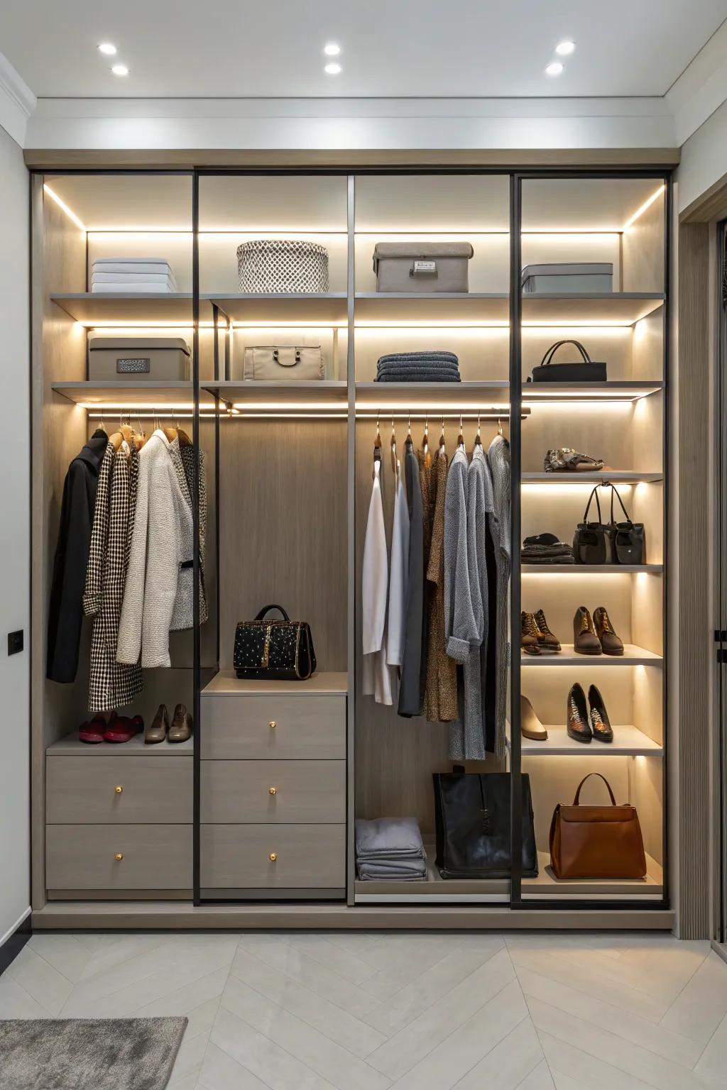 Deliberate lighting transforms a double closet into a radiant and welcoming area.
