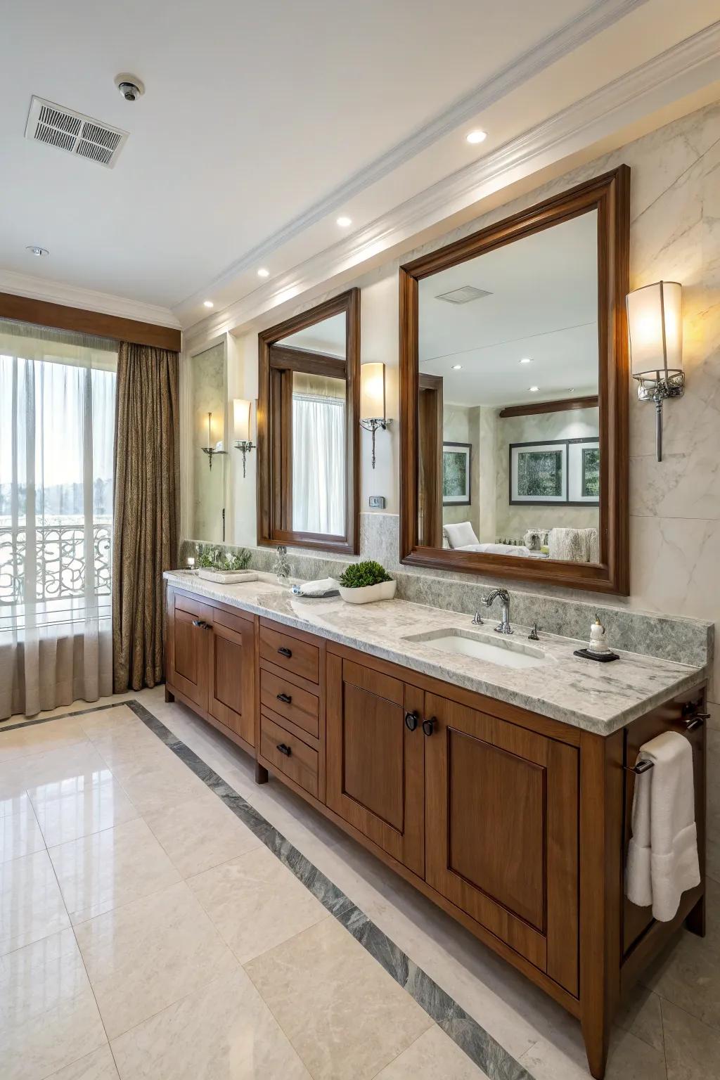 Sophisticated materials like marble and wood enhance this bathroom.