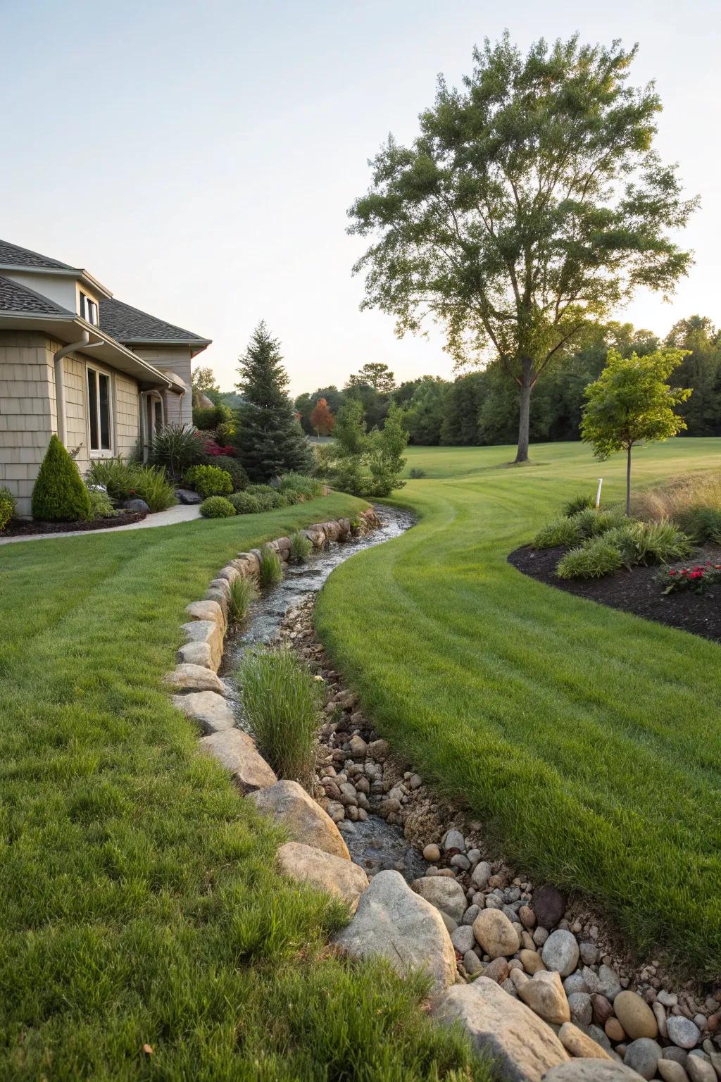 A drainage swale that integrates flawlessly enhances the overall aesthetics of the lawn.
