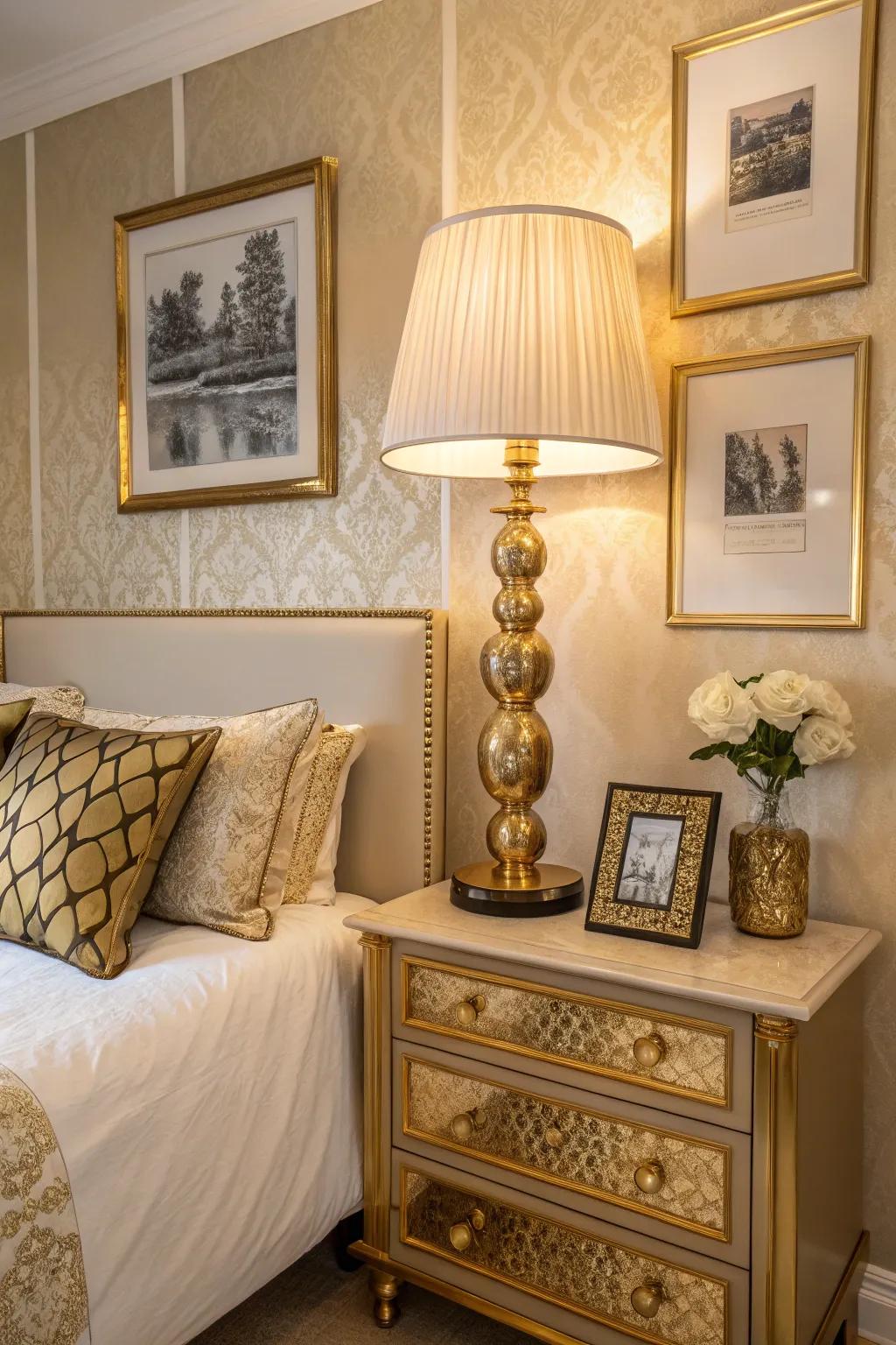 Golden accents introduce a luxurious flair to this dramatic bedroom arrangement.