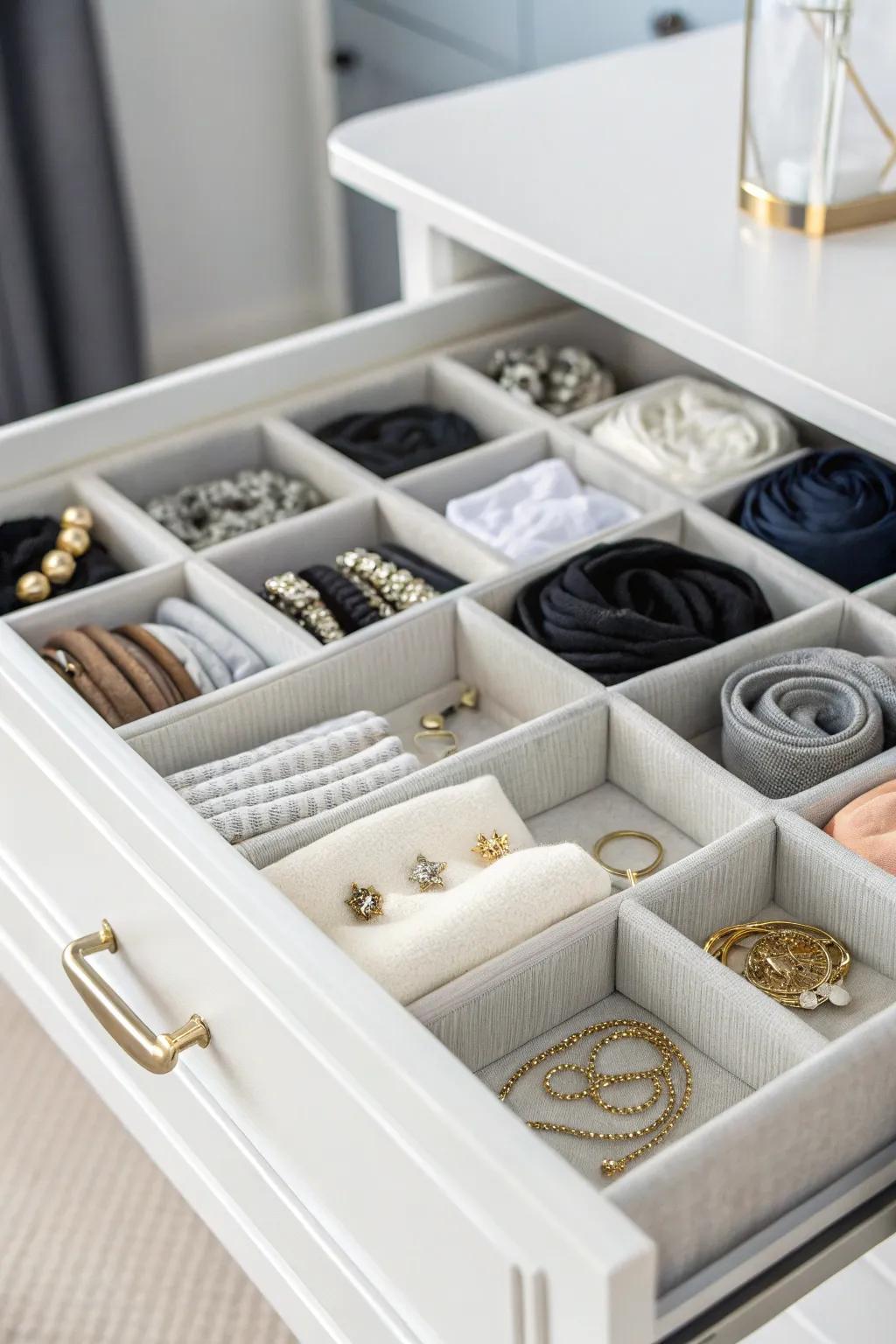 Sectioned storing for easy access.