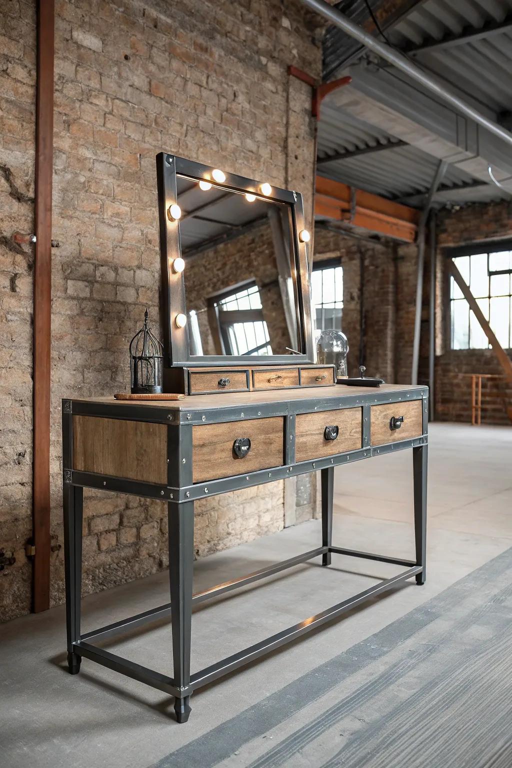 Introduce an industrial touch with wood and metallic accents.