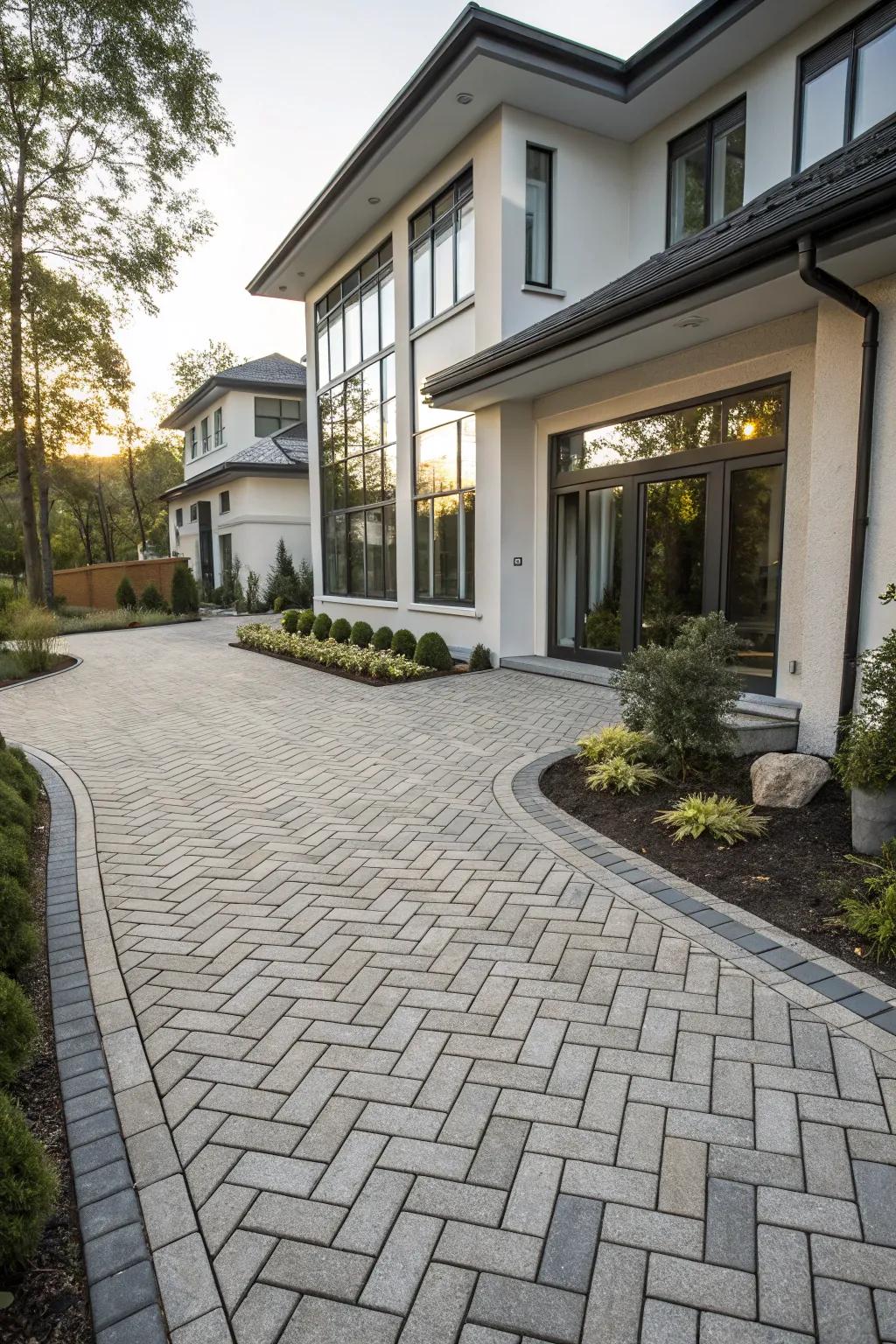 Intricate paver patterns lend elegance to this driveway.