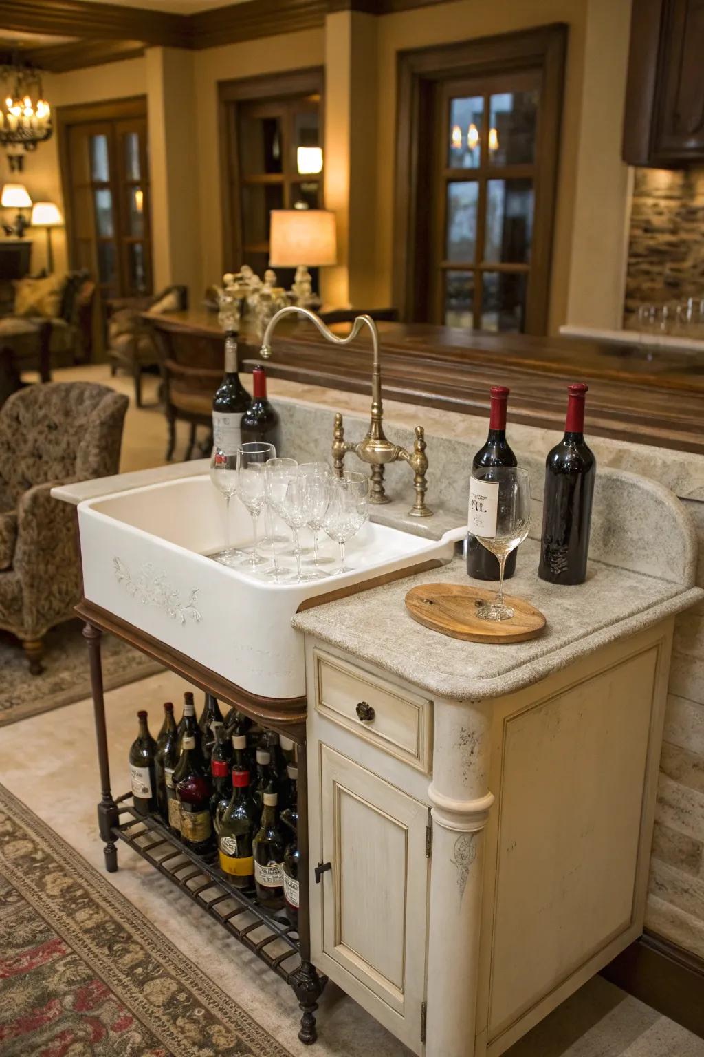 A vintage washstand transformed into an elegant bar station.