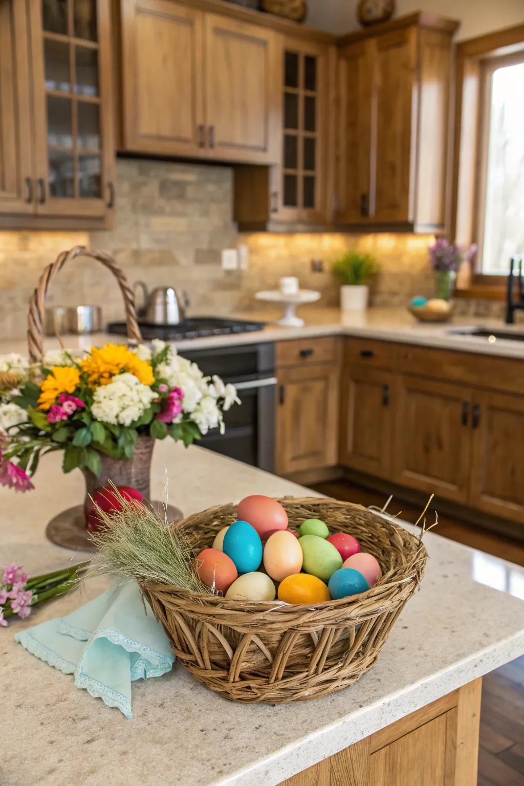 A vibrant showcase of colored Easter eggs graces the kitchen island.