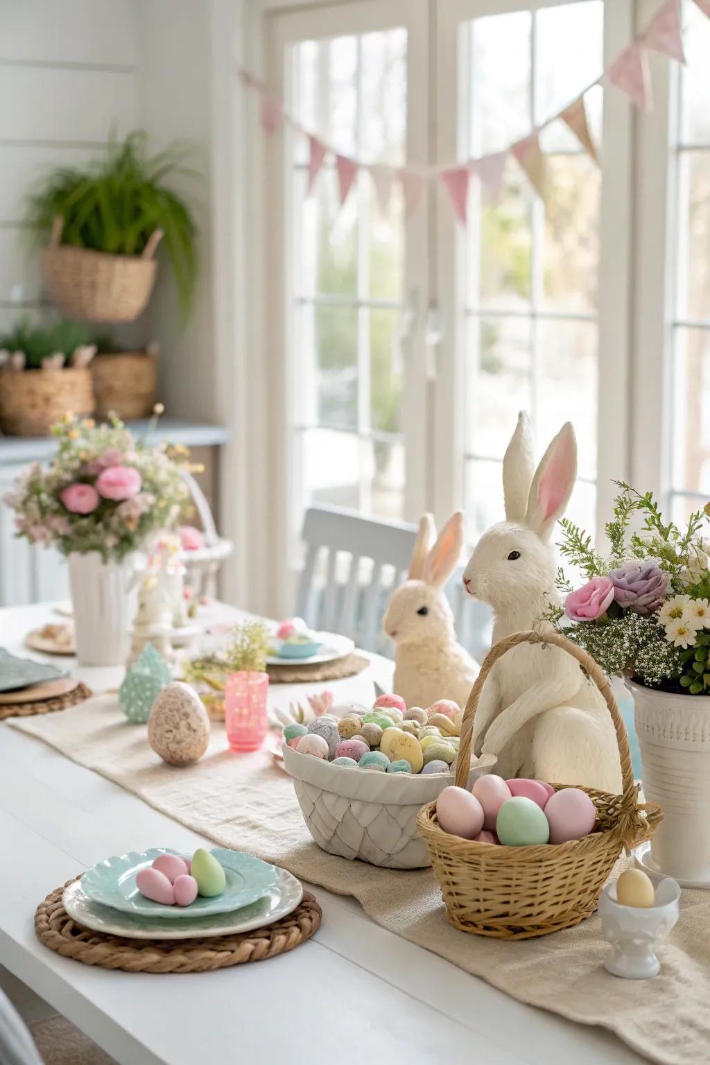 Playful rabbit figurines introduce a charming whimsy.