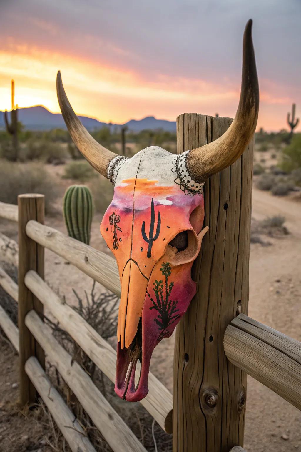 Arid landscapes metamorphose bovine skulls into captivating rustic artworks.
