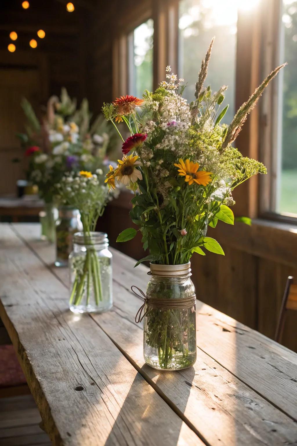 Mason jars impart a rustic allure to flower arrangements.