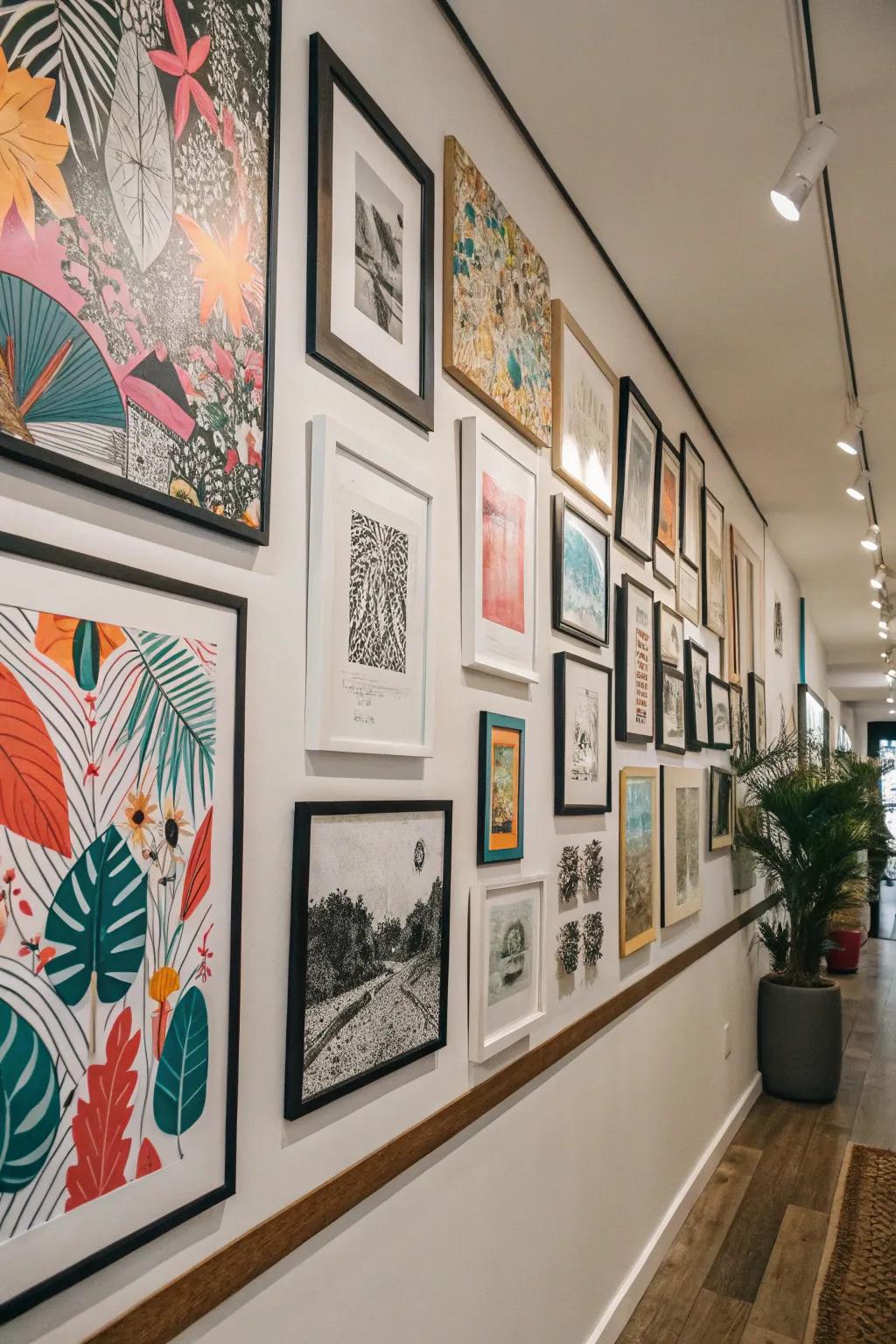 An eclectic display wall showcasing a range of artistic expressions.