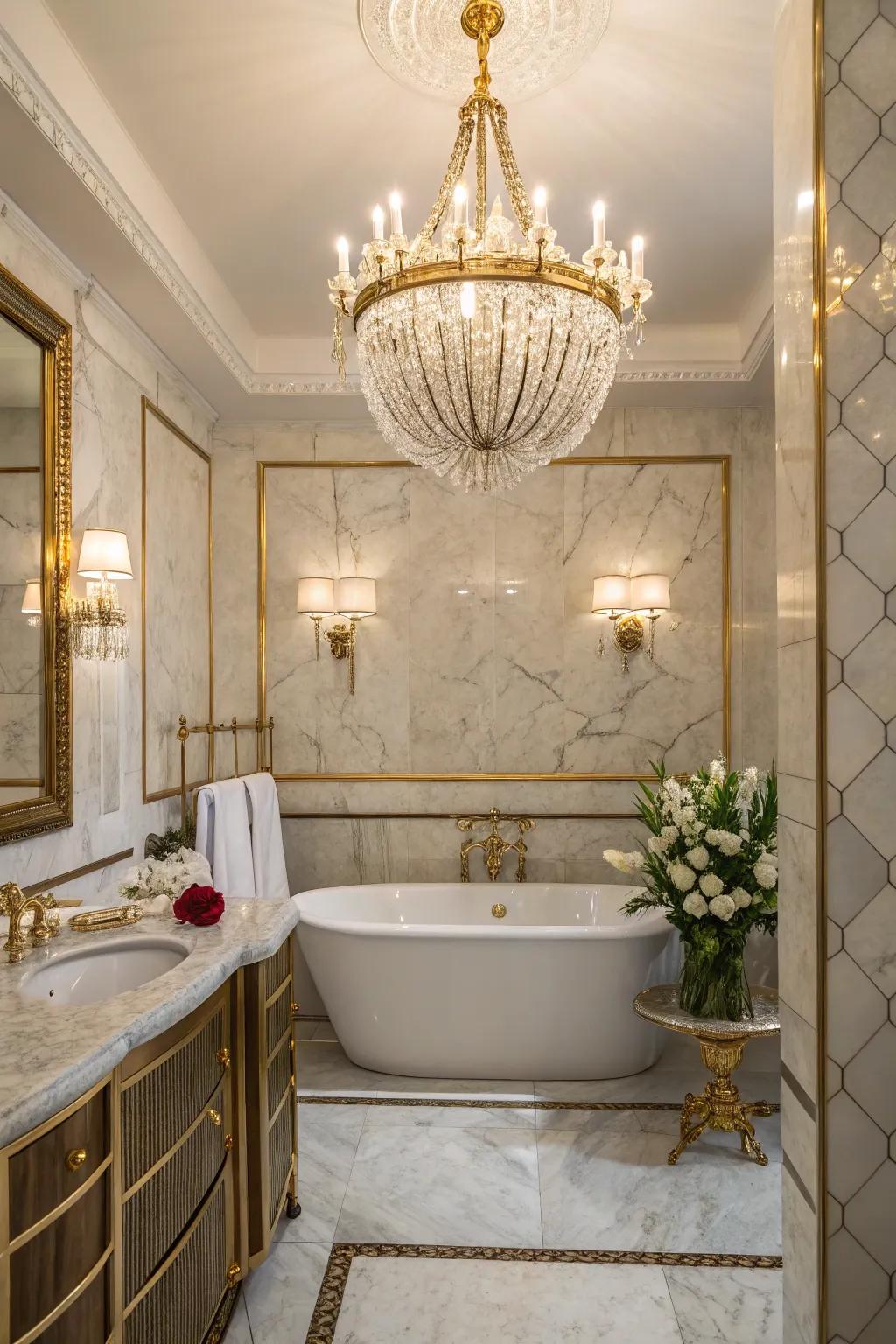 An illumination piece contributes an element of glamour to this exquisitely designed bathing area.
