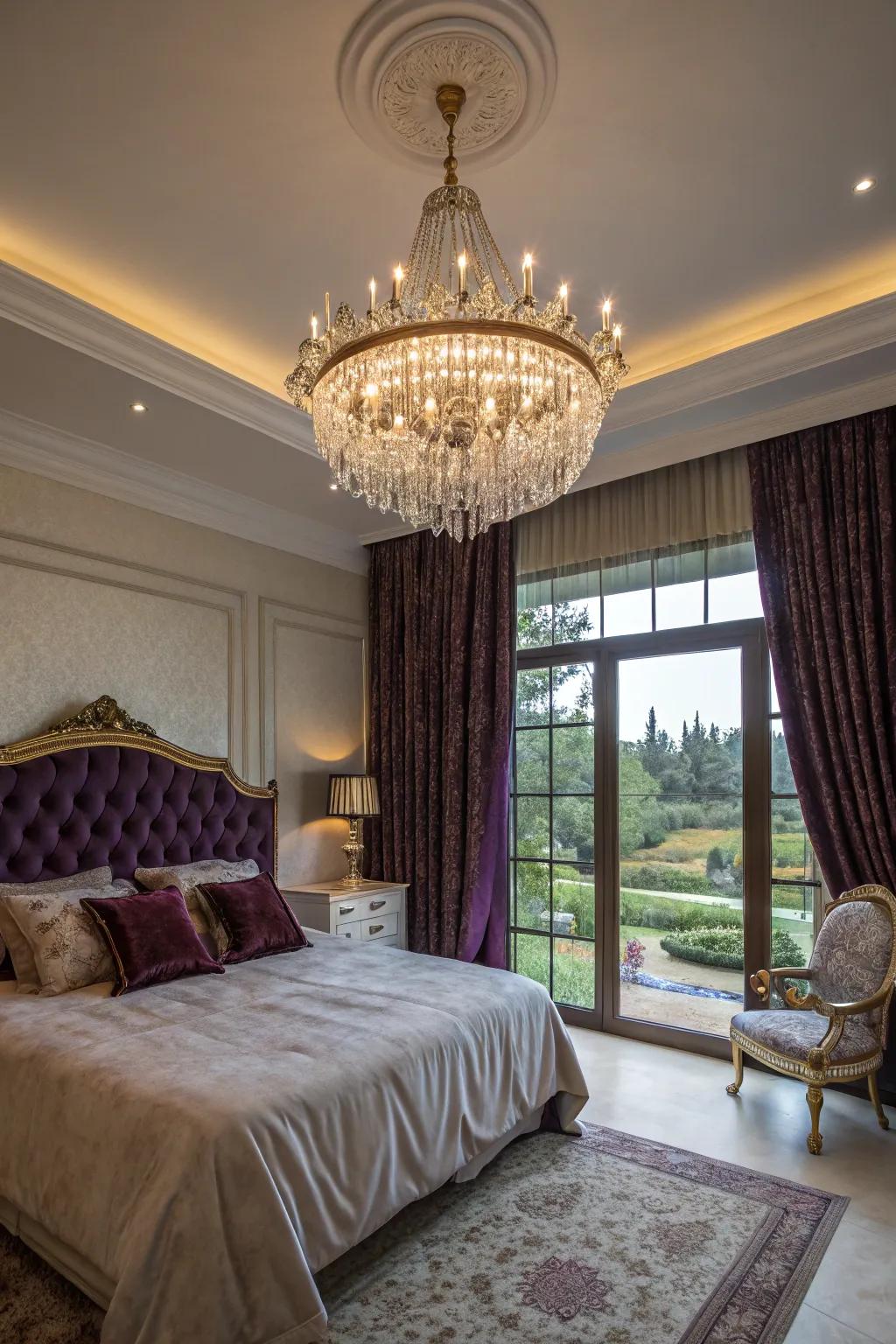 A luxurious bedroom accentuated by a stunning crystal chandelier.