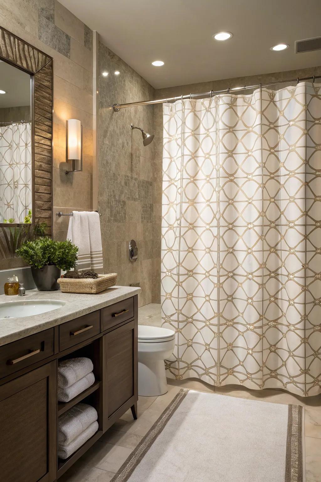 A bathroom featuring a shower curtain with subtle geometric patterns for added refinement.