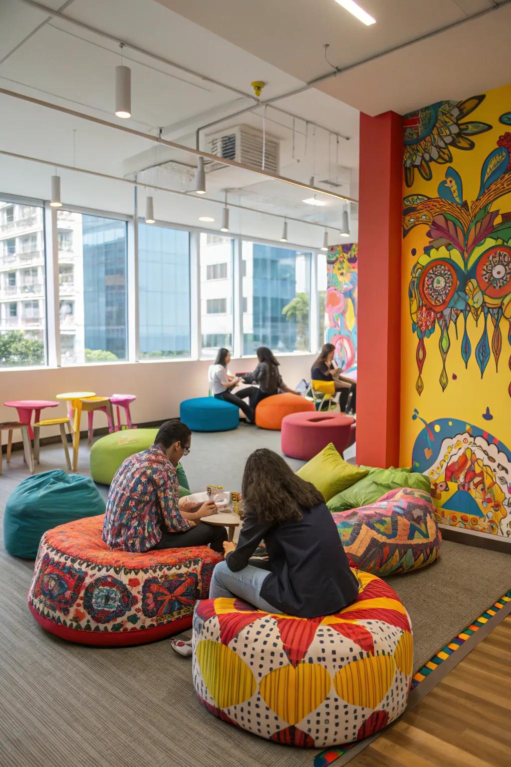 Dynamic hues breathe new life into this vibrant break room.