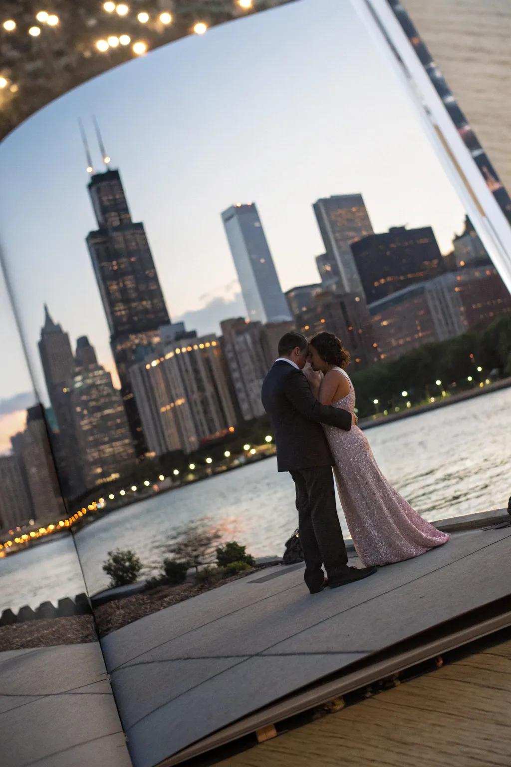 An elegant urban engagement moment immortalized against a cityscape.