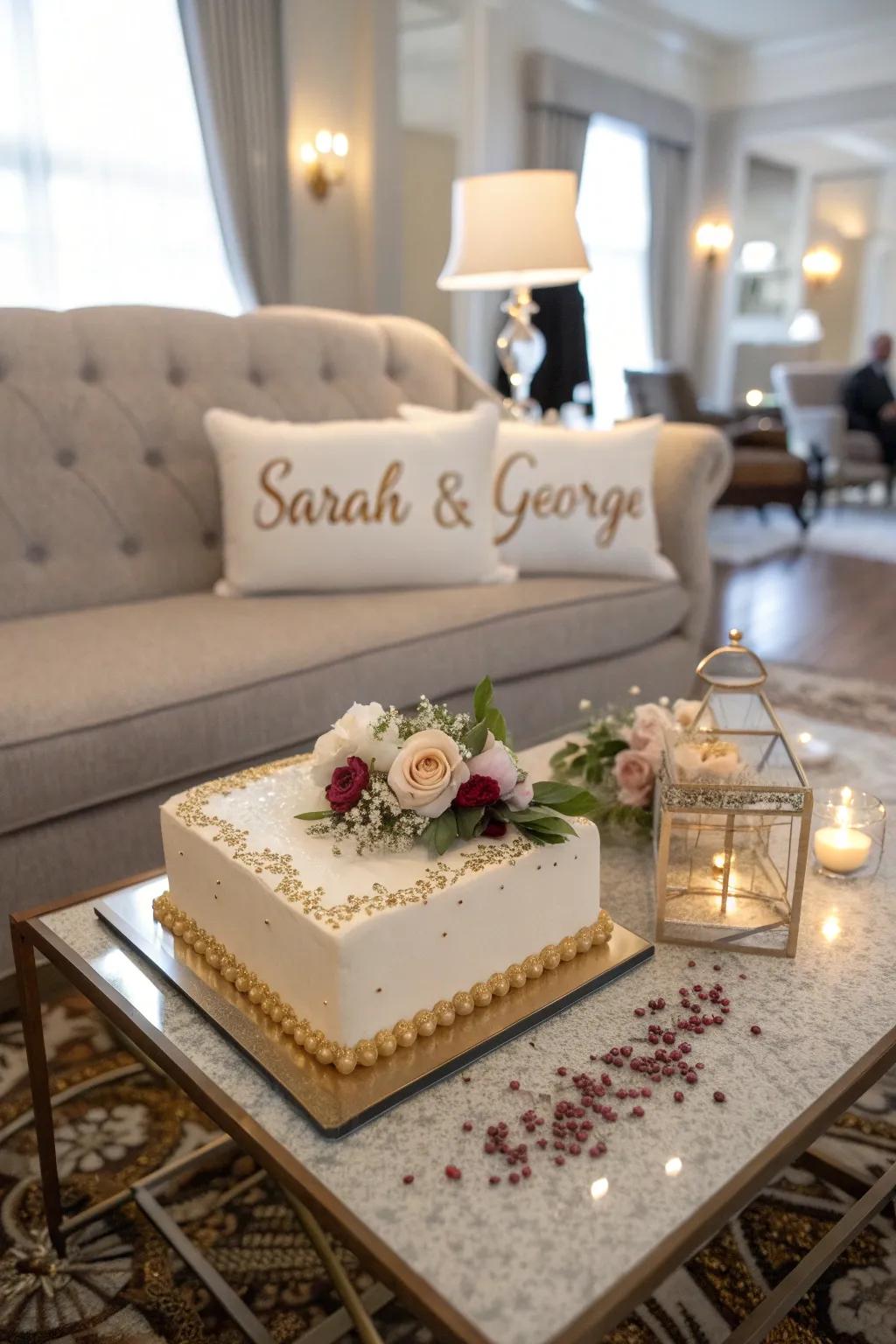 A personalized engagement sheet cake displaying the couple's names.