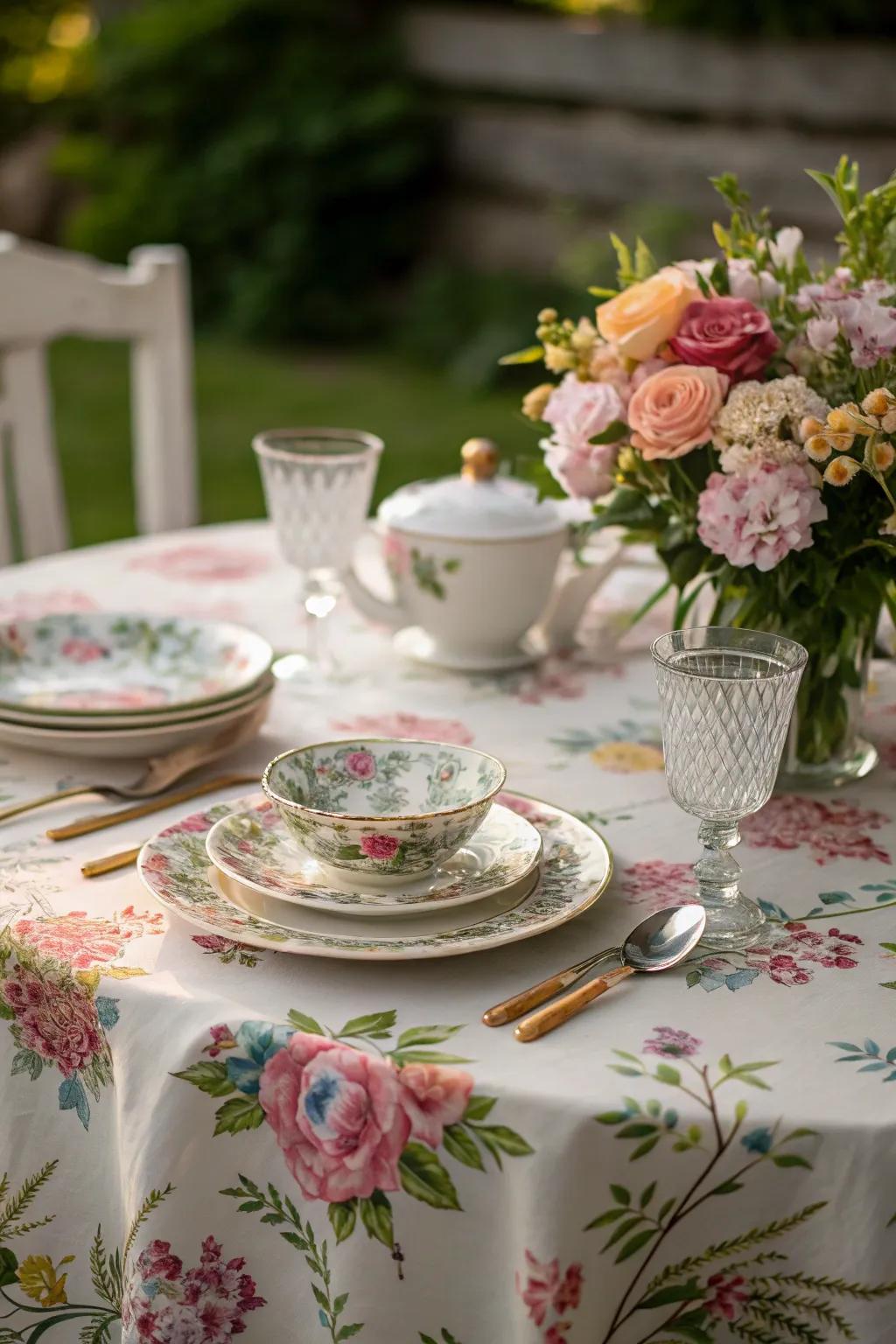 Classic-themed table settings elevate the tea garden experience.