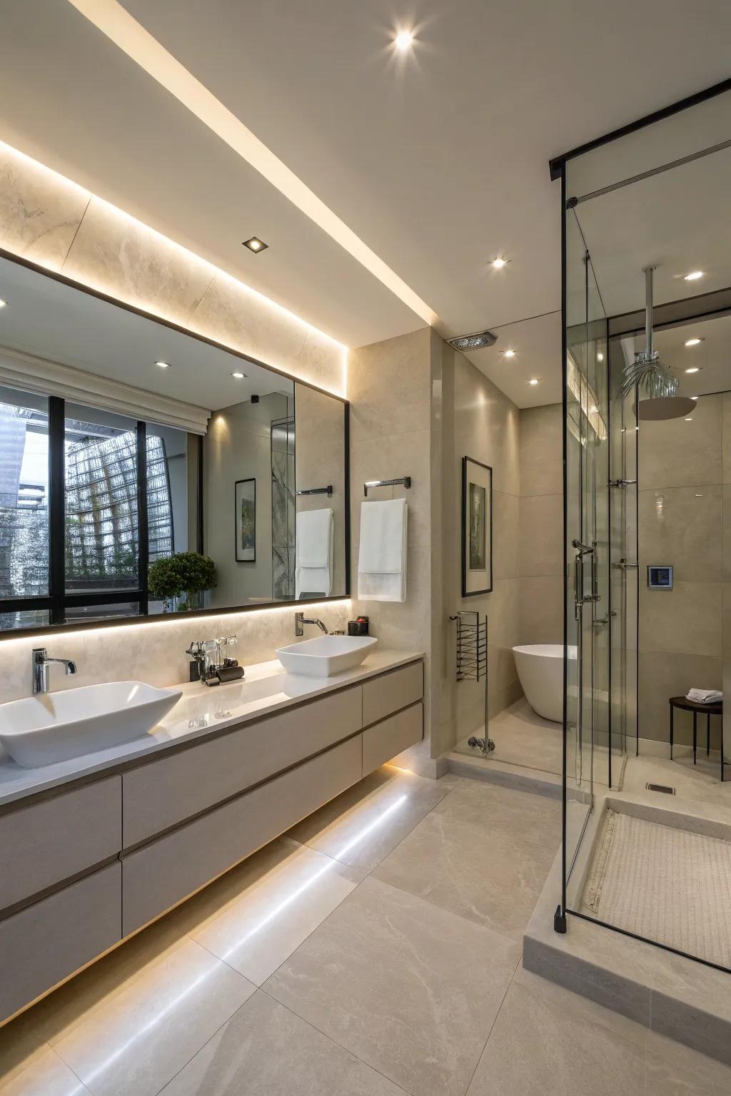 Sleek fixtures in a modern ensuite create a clean and sophisticated look.