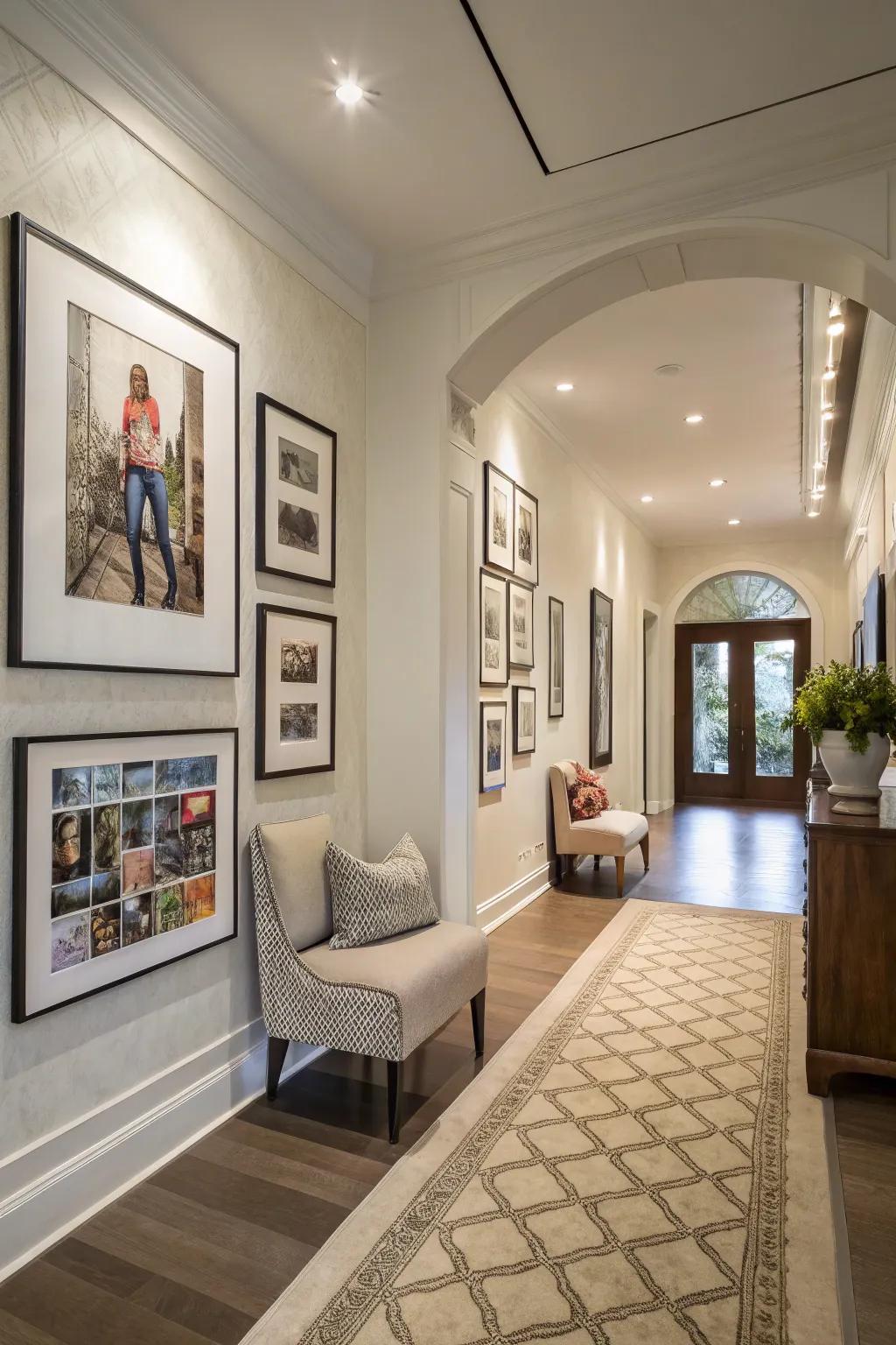 Gallery walls bring personalization and warmth to entry hallways.