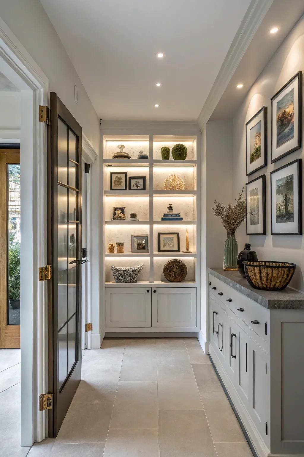 Open shelves impart a personalized essence to your entryway through the exhibition of art and decorative pieces.