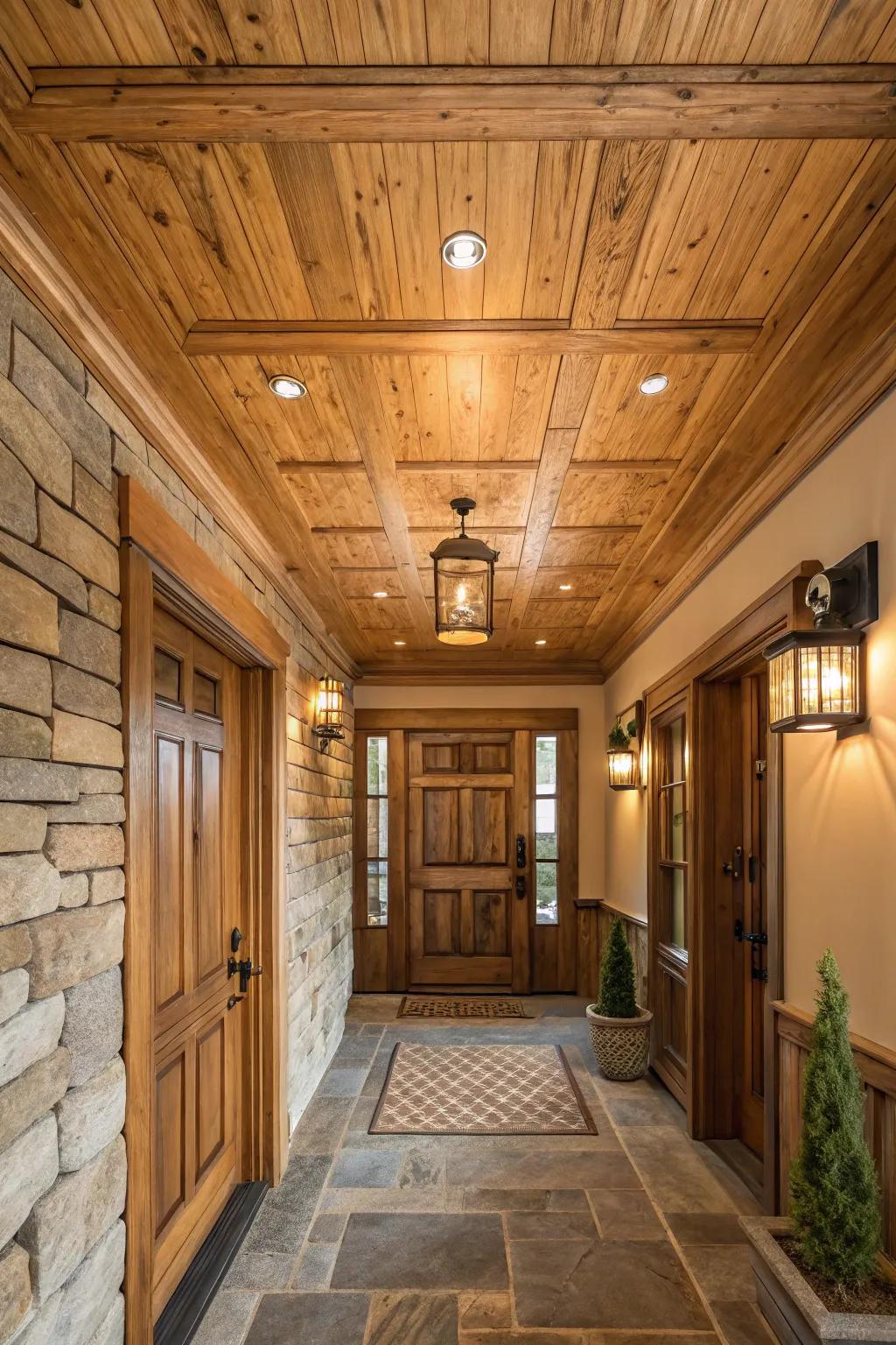 Wooden wall coverings bring a hint of rustic coziness to your entryway.