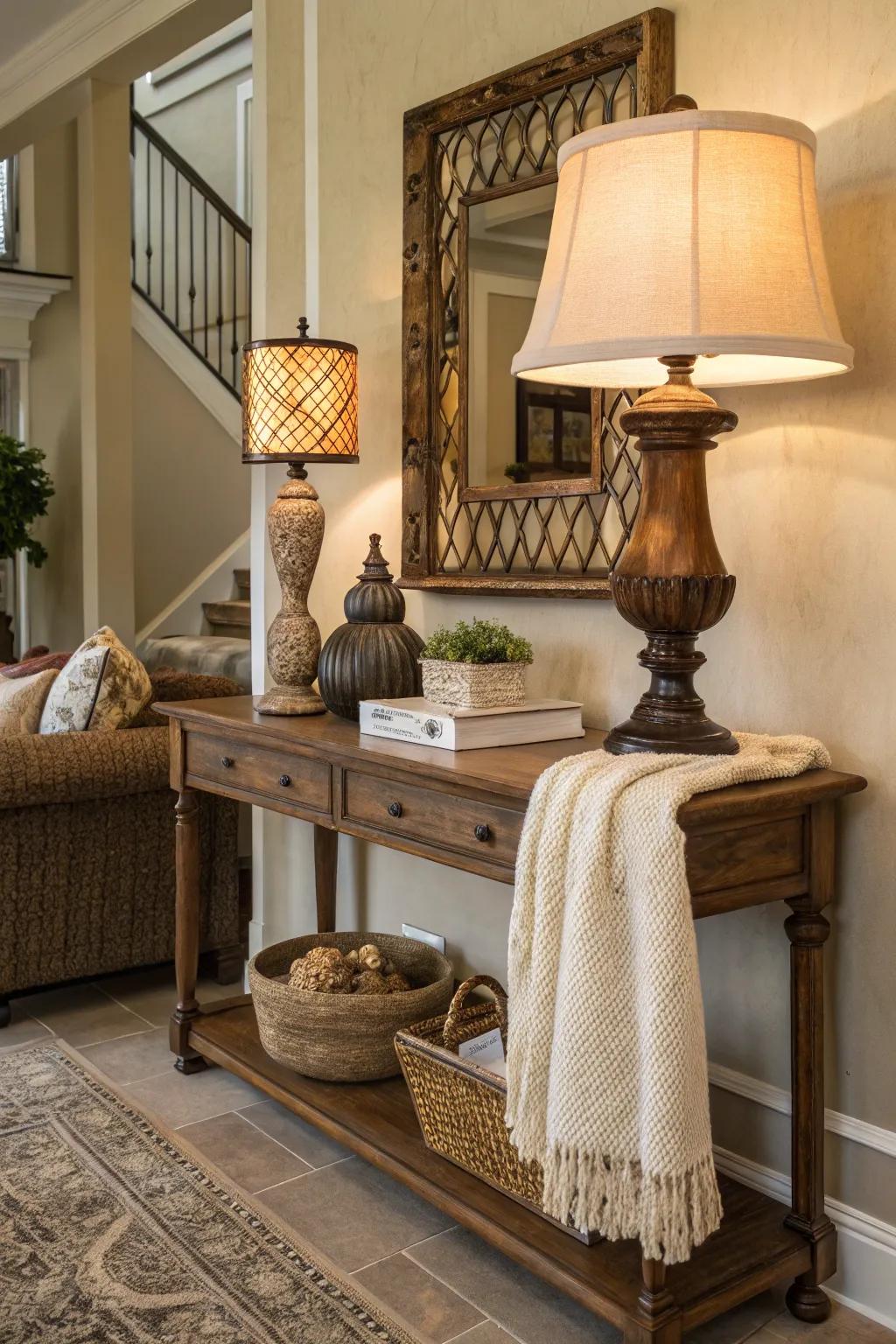An ornamental table lamp introduces a sense of warmth and aesthetic appeal to this welcoming entryway.