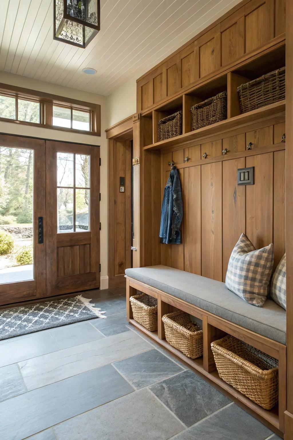 Unite aesthetics and utility with a bench and storage features in your entryway.