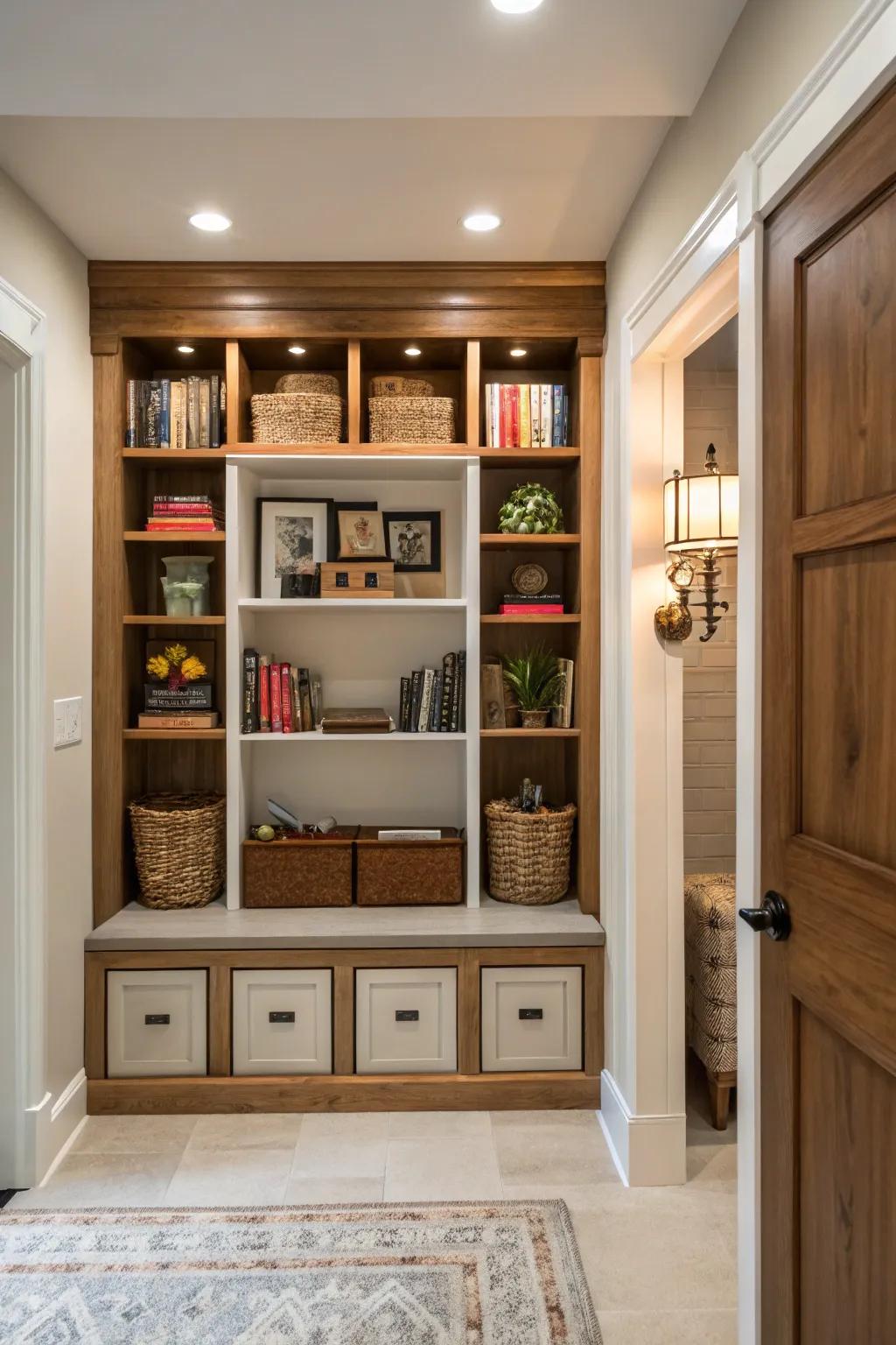 Integrated shelving and cubbies provide considerable storage capabilities.