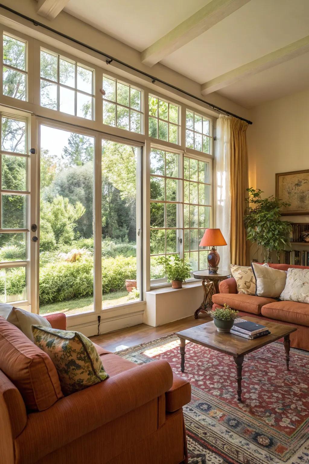 Sunlight enhances the allure of this European-style living room.