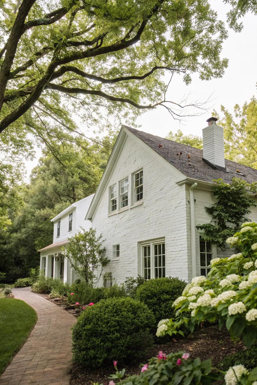 Whitewashed brick cultivates an inviting, countryside ambiance.