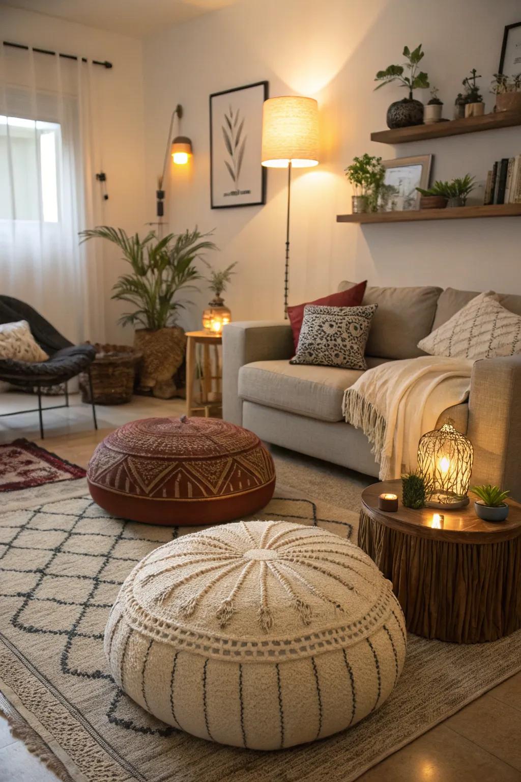 Floor cushions fashion a relaxed seating zone within your living room.