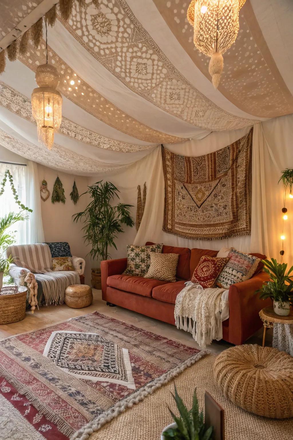 Incorporate richness using layered textile textures on your ceiling.