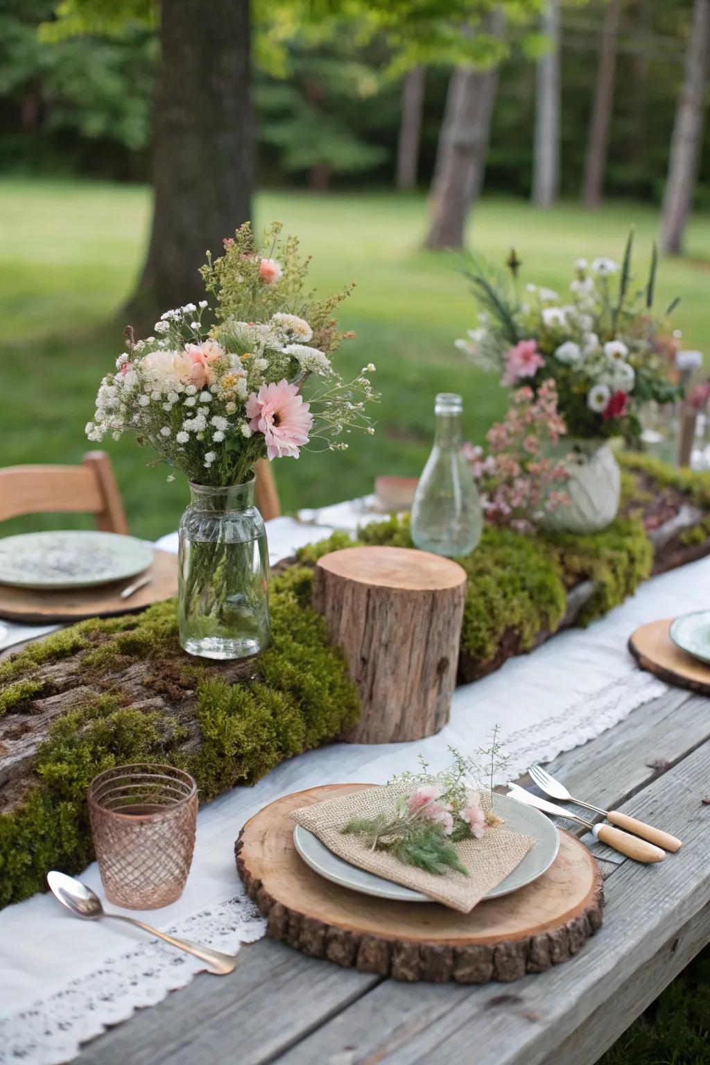 Produce a nature-inspired tablescape for a fairy-tale charm.