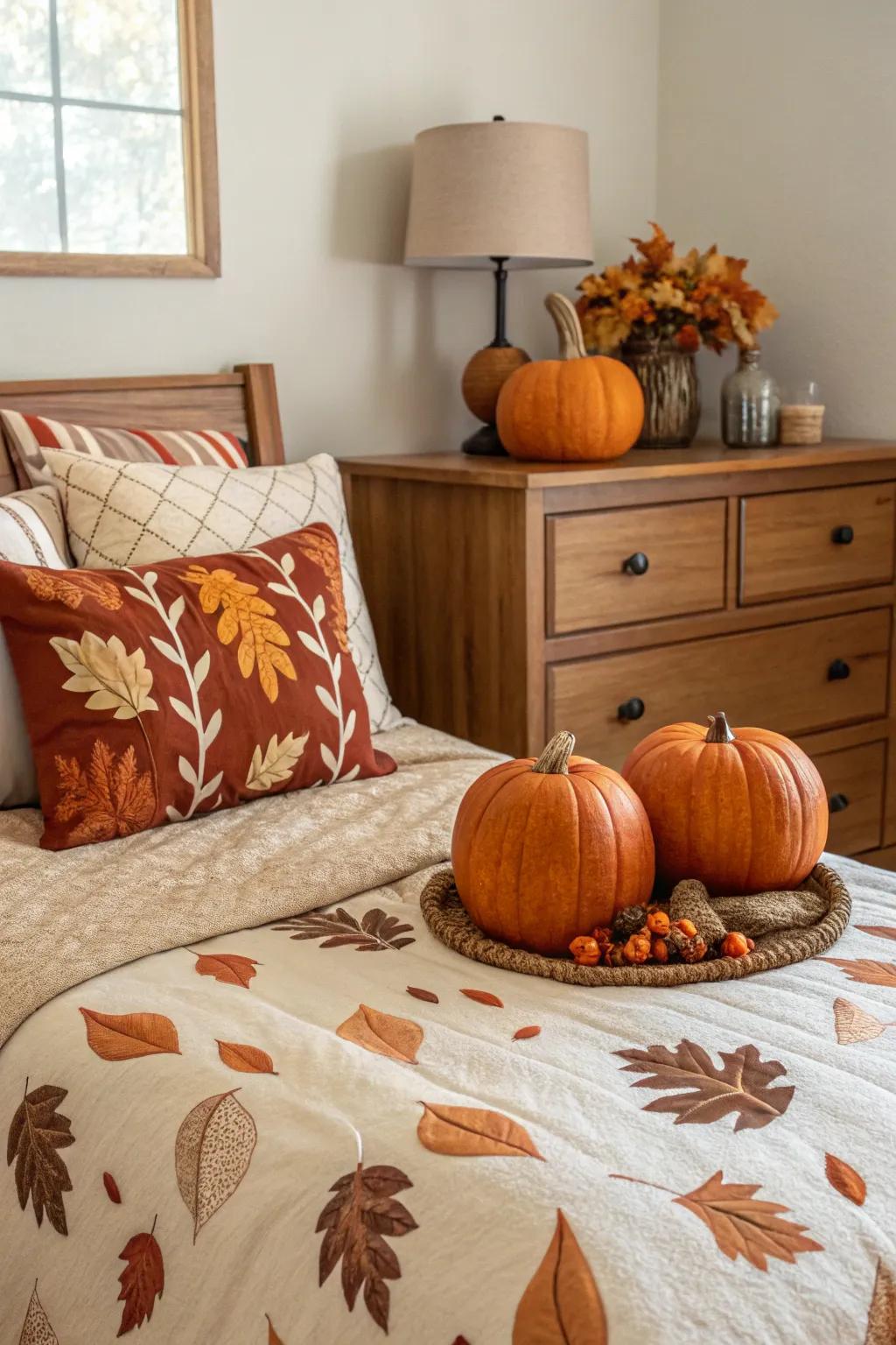 Seasonal ornamentation imparts a celebratory nuance to your fall-inspired bedroom.