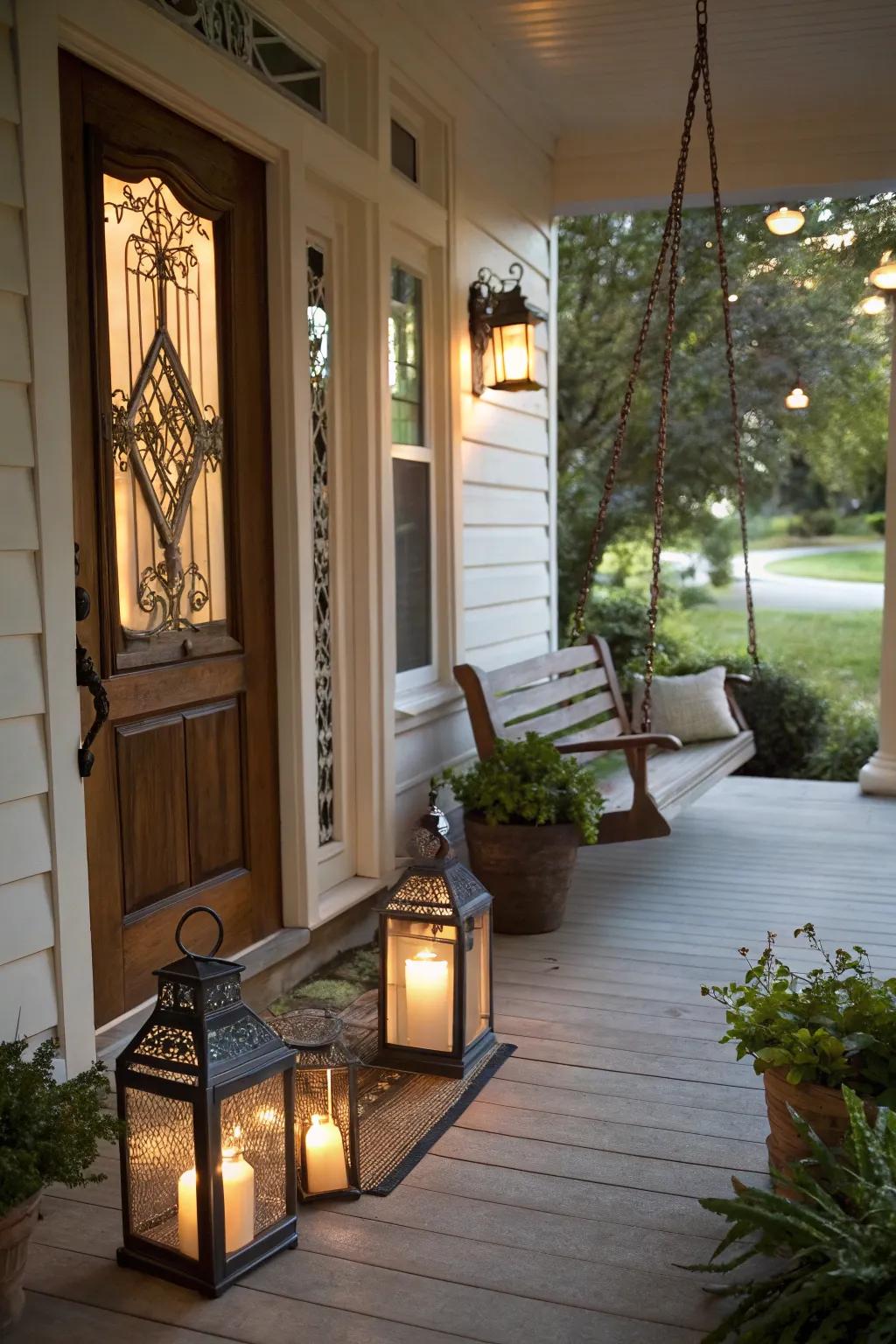 Lanterns provide a cozy, welcoming light to an autumn-themed entrance.