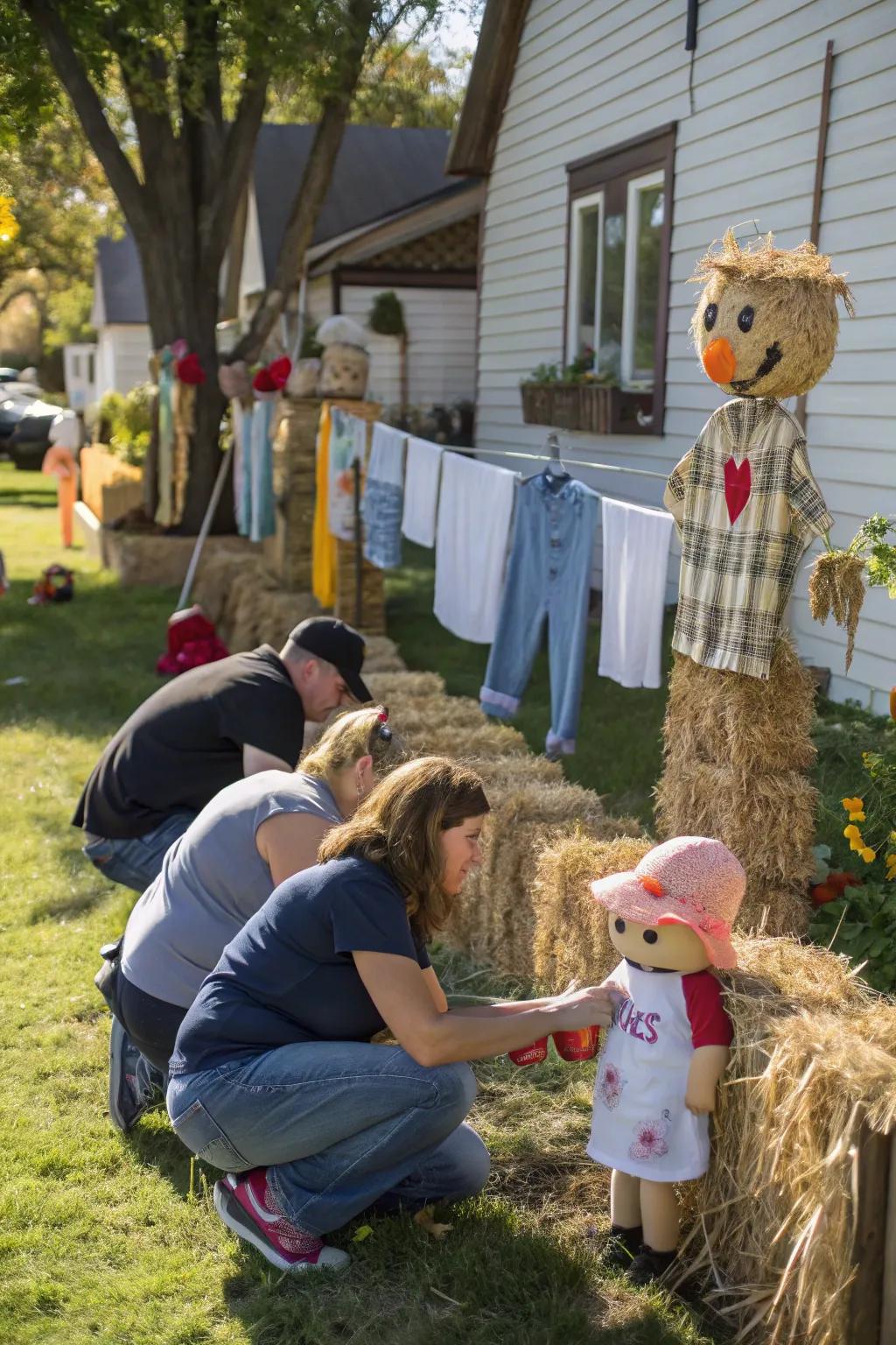 Families displaying their inventive scarecrow designs